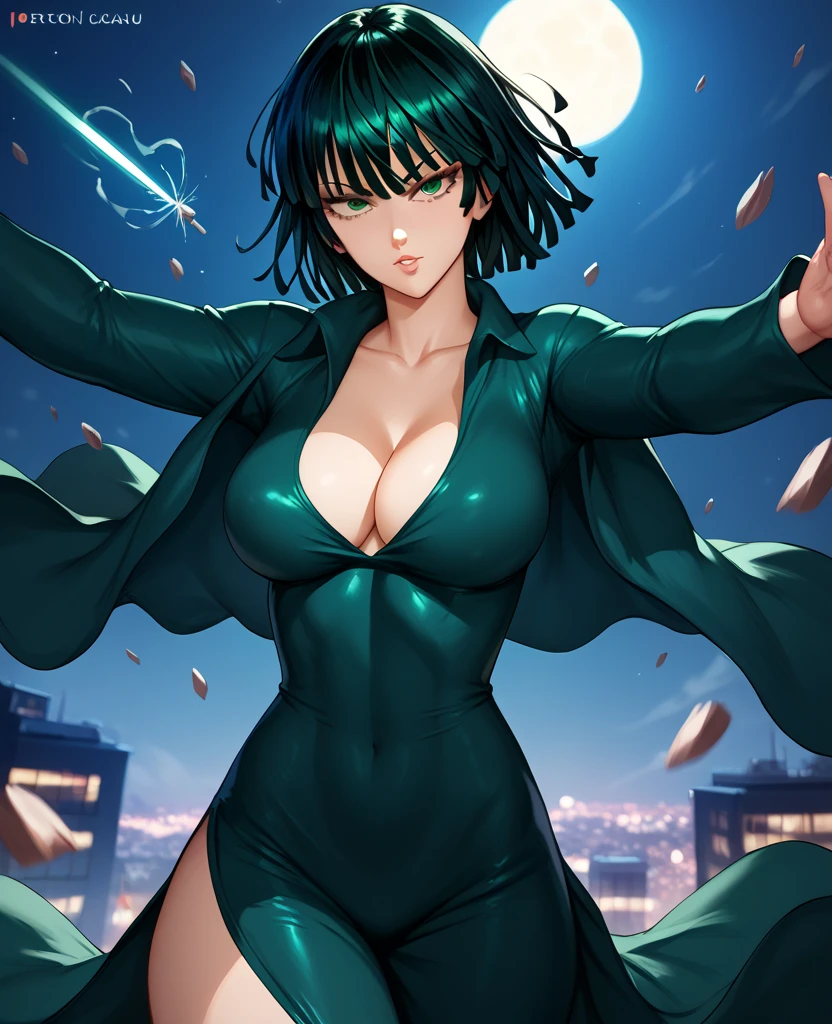 Sexy anime girl, ******, Fubuki_(One-Punch_Man), dark green short hair, green eyes, no bra, tight dark green dress, leather dress, cleavage, breasts falling out, medium large breasts, medium thighs, thighs visible, perfect shapely body, seductive pose, arrogant look, night, in a city, hands crossed, cowboy shot