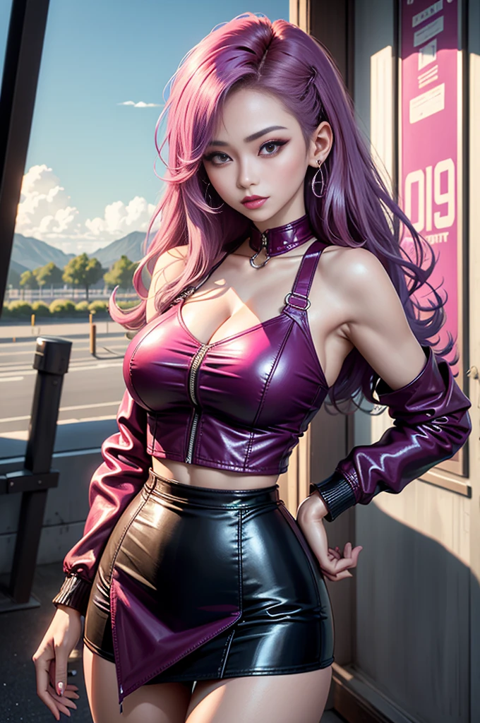 Photorealistic, high resolution, 1 Women, Solo, Hips up, view the viewer, (Detailed face), pink long hair, Long hair, Secretary uniform, short tight skirt , plain formal shirt.