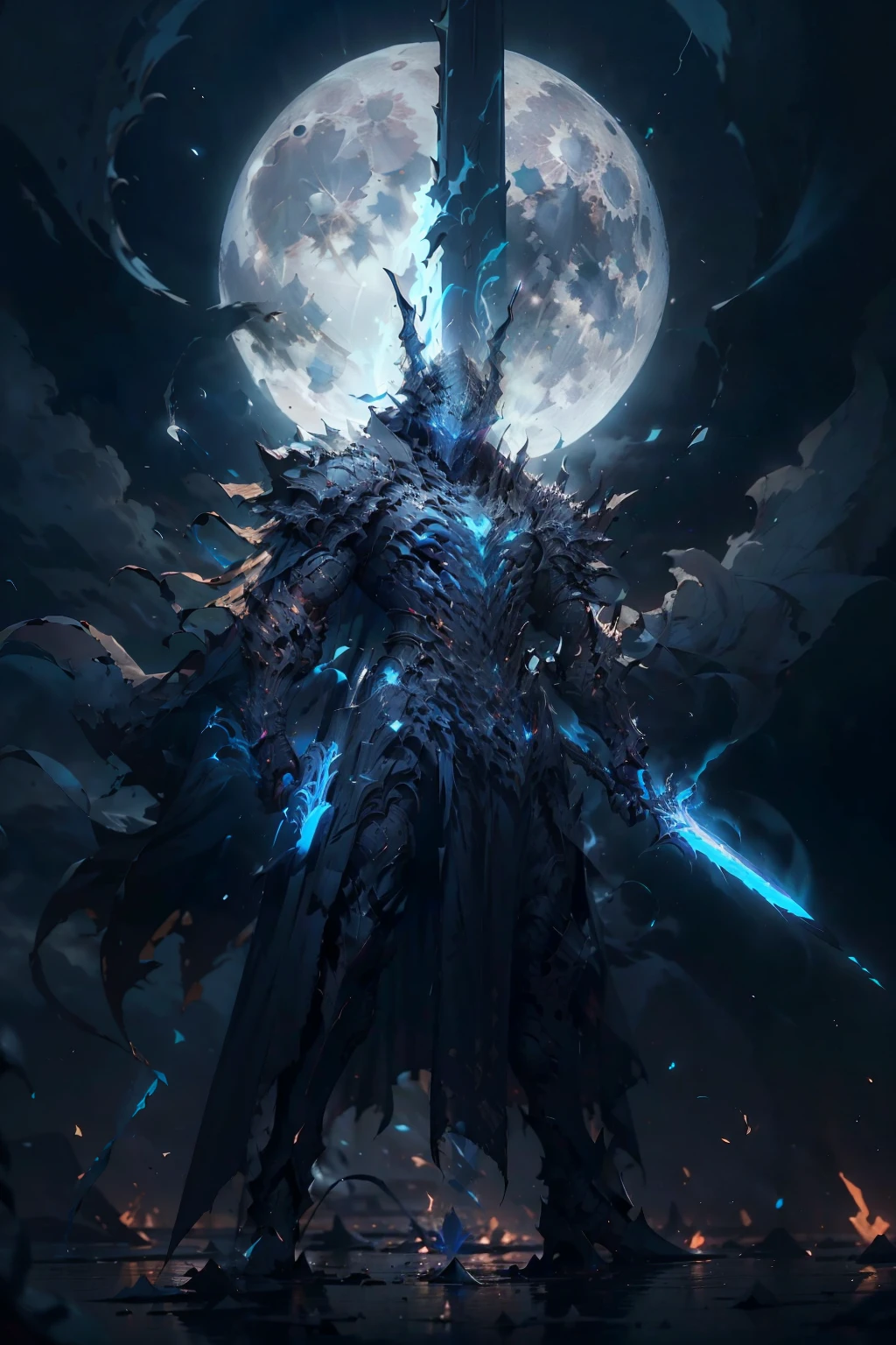 The moon hung high in the night sky, casting an eerie glow over the abandoned ruins. Amidst the crumbling walls and forgotten echoes of a once-grand castle, stood a lone figure. His silhouette was a stark contrast against the haunting backdrop.

His cloak billowed in the cold wind, revealing the glint of a menacingly sharp sword gripped tightly in his hand. His stance was as if chiseled from stone—firm, yet poised for swift, deadly movement. The moonlight danced upon his hands, beautifully drawn, each sinew and tendon seemingly alive with power and purpose.

But it wasn't the skill in his hands that caught attention; it was the darkness that enveloped them. An evil aura exuded from his being, a palpable sense of malevolence that tainted the very air. It whispered of untold horrors and a hunger for destruction, a chilling presence that froze the soul.

His eyes, narrowed and ablaze with an unholy fervor, scanned the desolate grounds with a predatory focus. The killing intent radiated from him, an invisible force that seemed to weigh down the atmosphere.

There was a silence, a pregnant pause before the inevitable storm. The man, a dark harbinger in this desolation, embodied an evil that stirred fear in the hearts of even the bravest souls. With every breath, the world seemed to hold its own, waiting for the impending clash between this malevolent force and any who dared to challenge it.