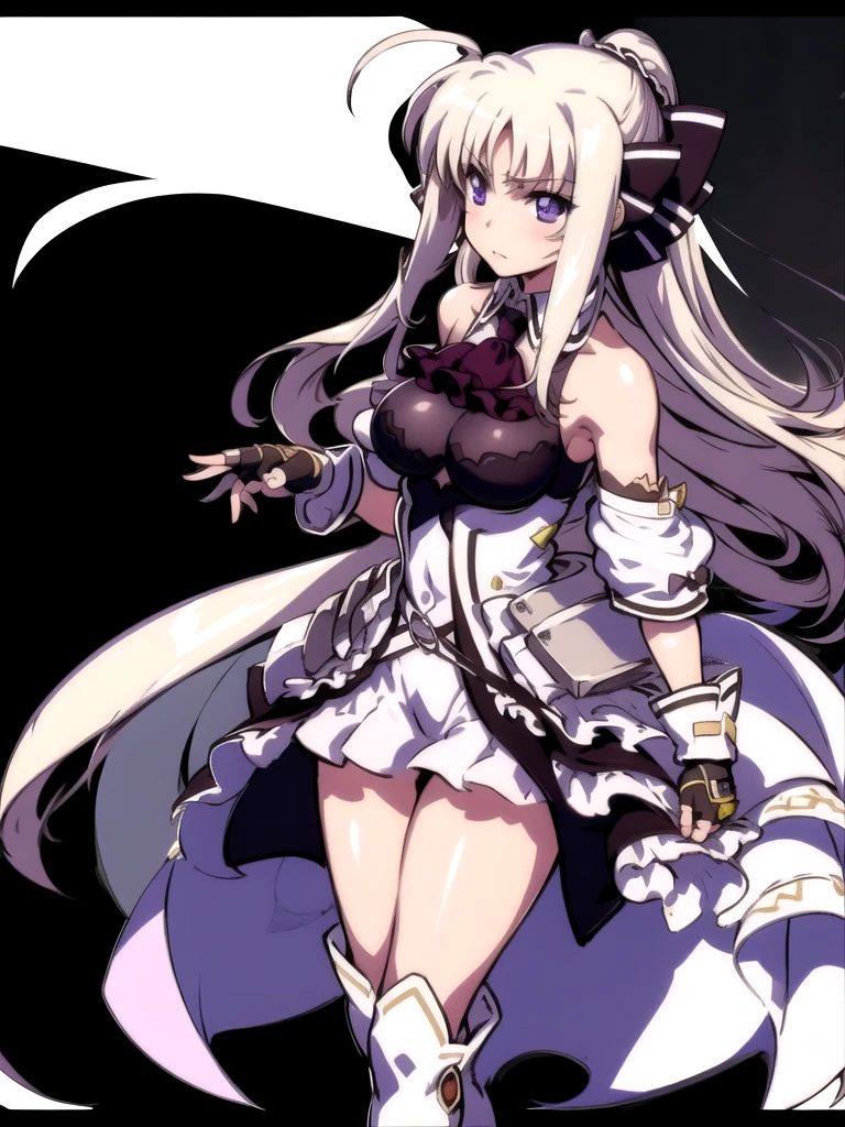 indoor, Arena, full body,
did_BJ,  1 girl, (( thigh-length boots )), Long Hair,  purple eyes, upper body, ascot, breast, Gloves,  watching viewers, ((white  thigh-length boots)),  Ahoge, fingerless Gloves, Absolute territory,  bare shoulders,  standing, very Long Hair, Clenched hands,  skirt,  dress, black Gloves, medium breast, ribbon, black  ascot ,  hair ribbon, hair bow,  ponytail, bow, bangs,  Puff Sleeves,
