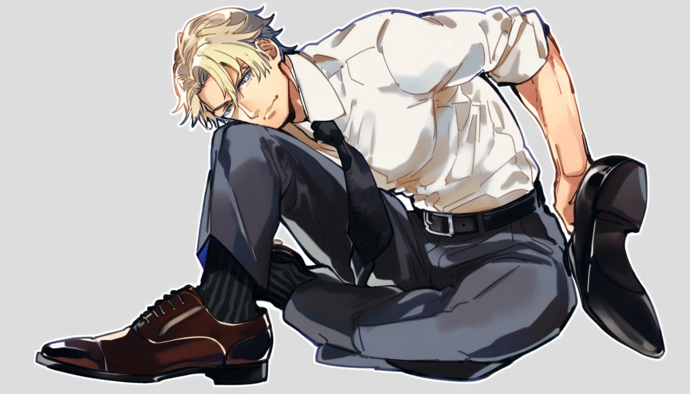 male focus, muscled male, solo, ikemen, mature, male only, swedish, blond, tough man, bold, eyes fix, flat chest, sturdy waist, 50 years old, office worker, collared shirt, tie, three piece suit, belt, slacks, tight clothes, whole body, sitting, invisible chair,  looking at viewer, (white background, simple background:1.5), masterpiece, best quality, mta, foor worship, showing his socked foot:2, long tube calf black fancy socks, dominating male pose:2, muscle, lick his shoe sole, demon guy:2, long shot 