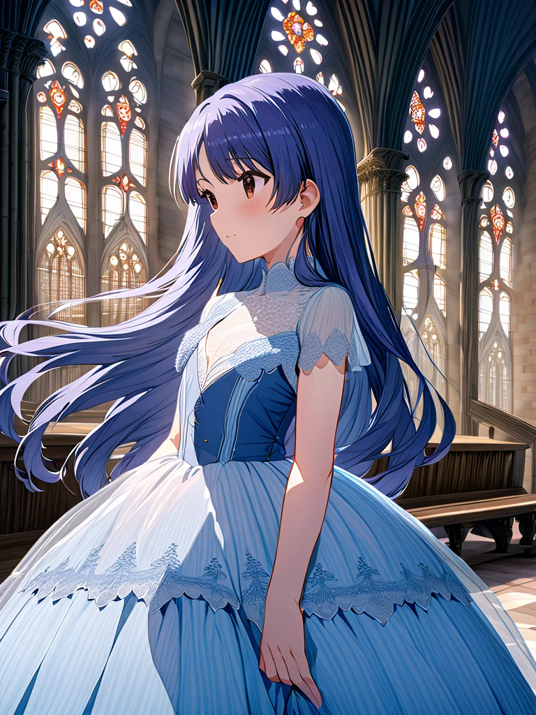 masterpiece, amazing quality, top quality , ultra detail showing the cathedral,8k, illustrations,CG, shiny hair, clean skin, ultra detail showing the cathedral-eyes,cute girl, eyelash lace queen ,  see-through, Body Suit, long hair,  blue hair, bangs,   brown eyes,  flat chest, 