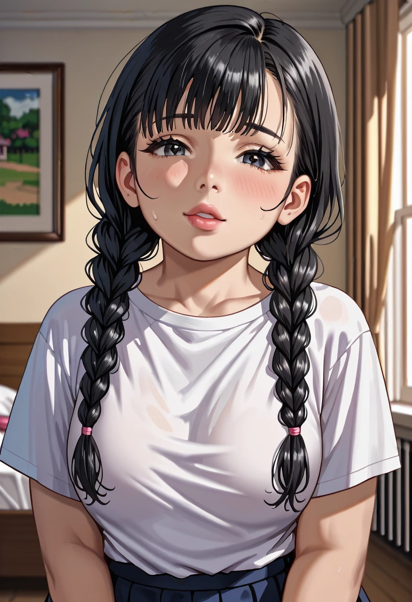 (1girl:1.3), Masterpiece, Best quality, amazing beauty, 4K, absurdres, finely detail, super detailed eye, perfect anatomy, official art, cinematic lighting, BREAK, ((((Bright bedroom)))), Twin braids (shorter), (black hair:1.5), ((super shiny detailed black eye)), cute eyes, full lips, Plump face, (((young face:1.5))), BREAK , A-cup breasts, short stature, chubby, (((primary school student:1.5))), ((Young body)), Are standing, BREAK , , BREAK,()