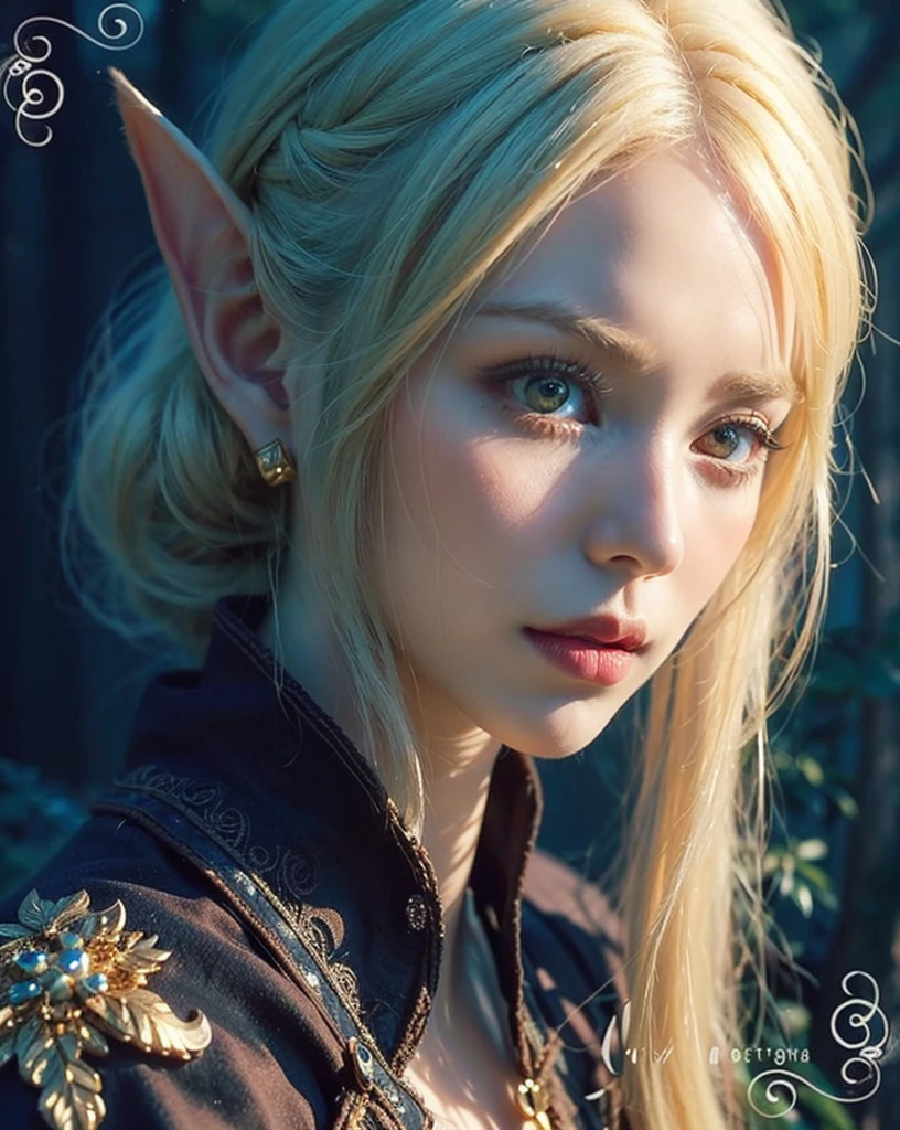 ((highest possible quality)), 8K, masterpiece art, diffuse lighting intricate,((beautiful woman)),(Portrait photograph:1.5), half-elf, pointy ears, Zelda style art, young girl, digital photography, Openwork design, (gold eyes:1.3), short hair,hair reaching shoulders,blonde hairs, big boobs, By bangs,(Red eyeigchest, accessories,Redlip,(She frowned,Sneer)detailed hair, By bangs , big breasts, facing the viewer, (bushes:0.8), (glowing:0,5), ribbon, (medieval style clothes), in an enchanted forest, cute girl, cute face