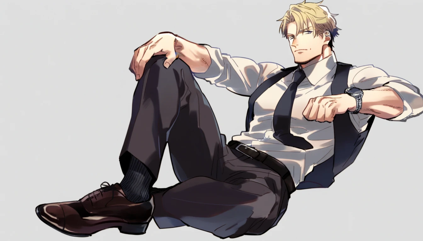 male focus, muscled male, solo, ikemen, mature, male only, swedish, blond, tough man, bold, eyes fix, flat chest, sturdy waist, 50 years old, office worker, collared shirt, tie, three piece suit, belt, slacks, tight clothes, whole body, sitting, invisible chair,  looking at viewer, (white background, simple background:1.5), masterpiece, best quality, mta, foor worship, showing his socked foot:2, long tube calf black fancy socks, dominating male pose:2, muscle, lick his shoe sole, demon guy:2, long shot 