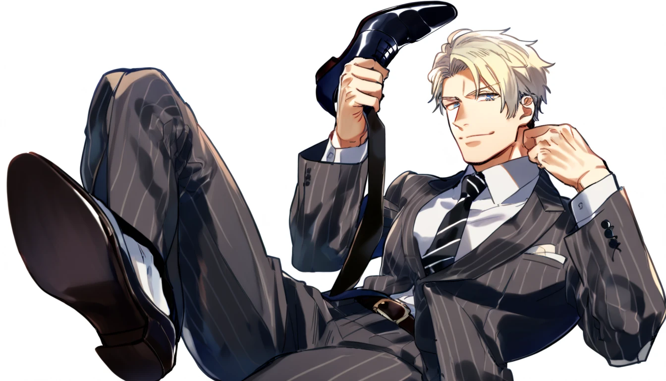 male focus, muscled male, solo, ikemen, mature, male only, swedish, blond, tough man, bold, eyes fix, flat chest, sturdy waist, 50 years old, office worker, collared shirt, tie, three piece suit, belt, slacks, tight clothes, whole body, sitting, invisible chair,  looking at viewer, (white background, simple background:1.5), masterpiece, best quality, mta, foor worship, showing his socked foot:2, long tube calf black fancy socks, dominating male pose:2, muscle, lick his shoe sole, demon guy:2, long shot 