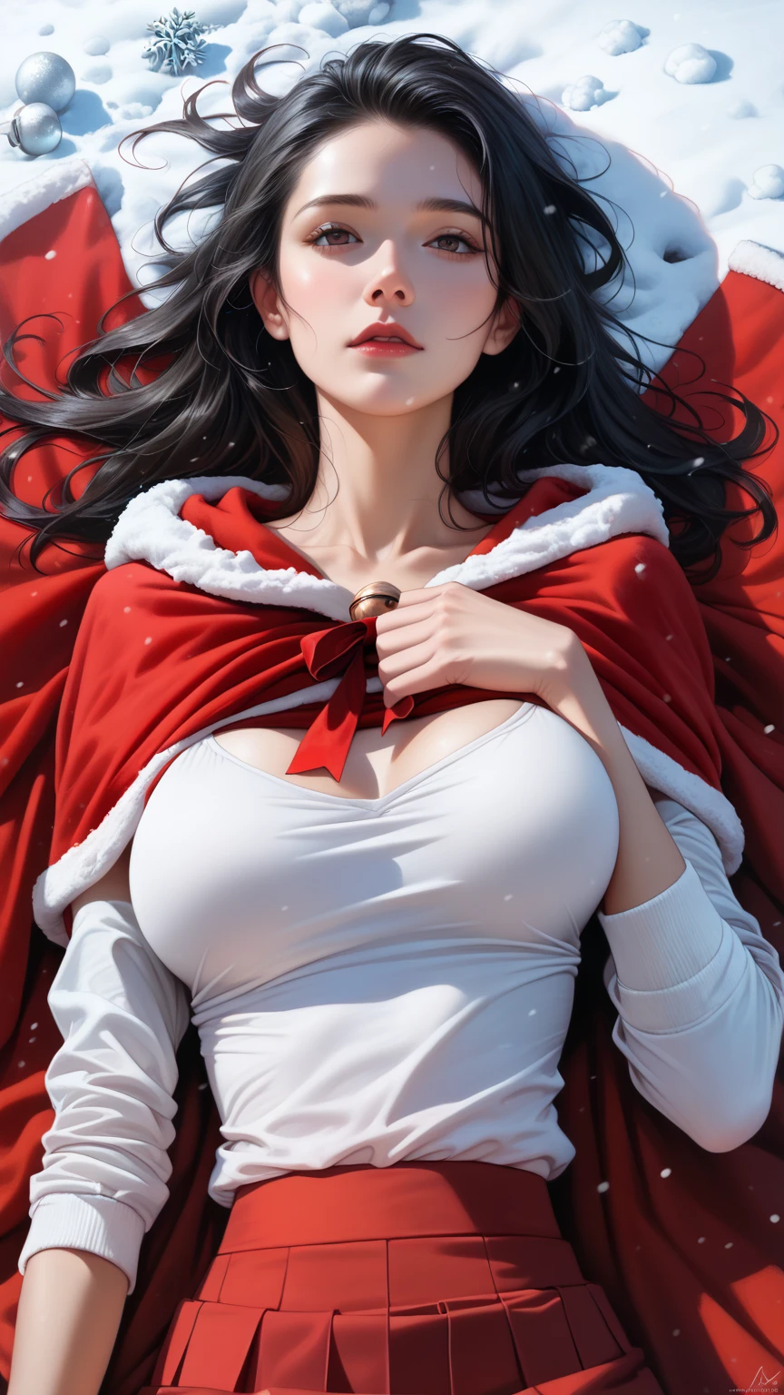 score_9,score_8_up,score_7_up,high res image,masterpiece,best quality,realistic,1girl,santa_costume,white_shirt,(red cape:1.2),(red skirt:1.2),snow,(upper_body:1.2),(dynamic_angle:1.3),(medium breasts:1.3),(lying:1.2),(face focus:1.3),(black hair:1.3),