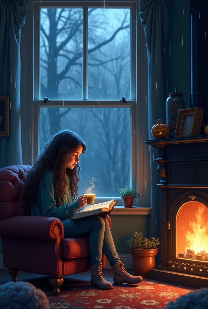 Oil painting depicting a cozy scene by the fireplace, armchair, bookshelf, a table, candle lights, cup of hot chocolate, with a few autumn leaves on the floor and one pumpkin on the mantelpiece and on the floor; The girl is sitting in a chair: round face, Large shiny dark brown eyes, long eyelashes, eyeglasses, Focused view of the book on your lap, Long brown tousled slightly wavy hair, white shirt with unbuttoned top button, black jeans, Soldier's Belt, striped socks; The reassuring atmosphere, A feeling of warmth and coziness, twilight, Lighting from fireplace and candles; high quality textures, higly detailed, Realism of textures, Realistic flame in the fireplace
