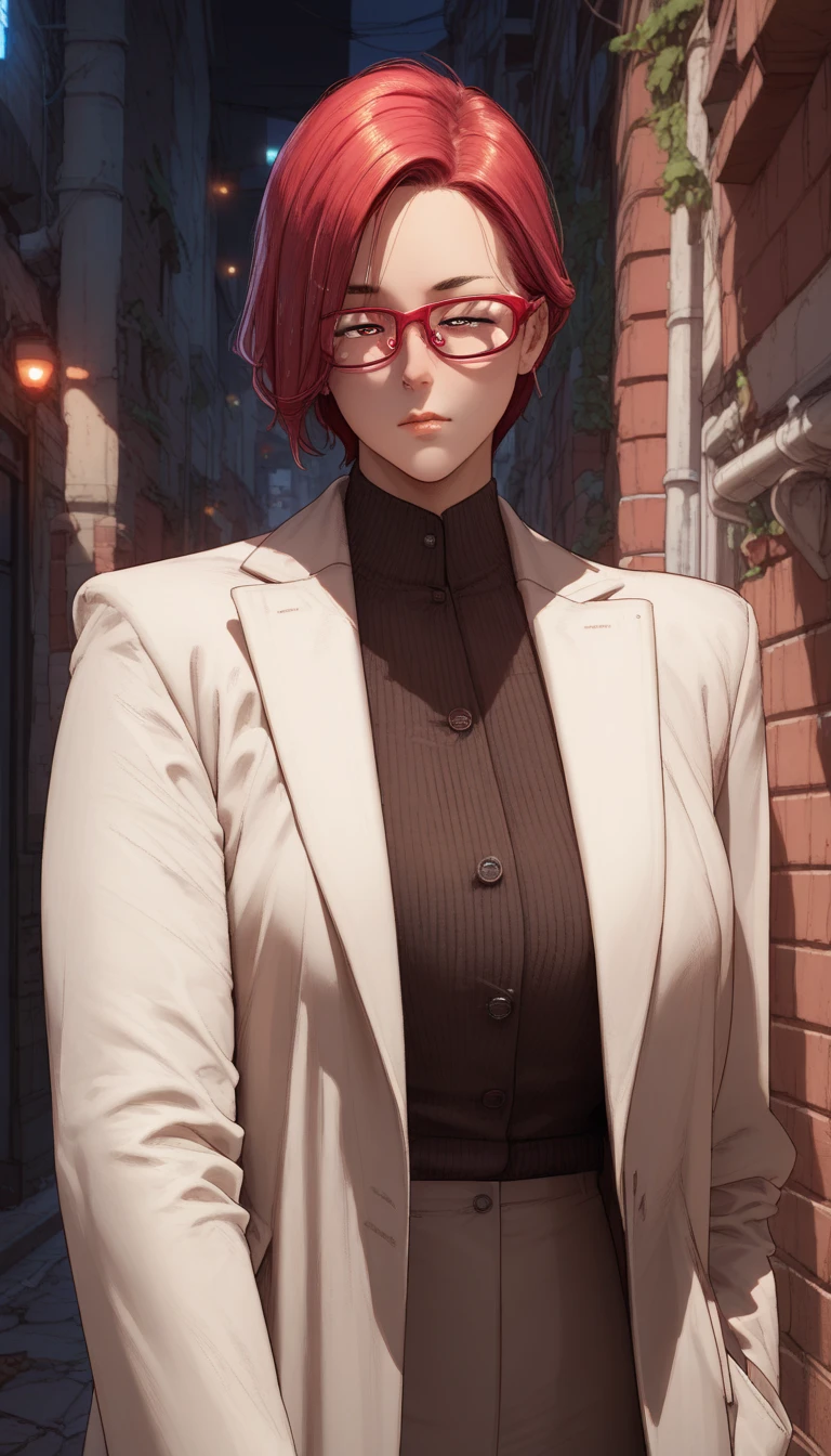 milf, coat, suit, look at viewer, close up, sleepy eyes, hd, glazing,in alley, red glasses