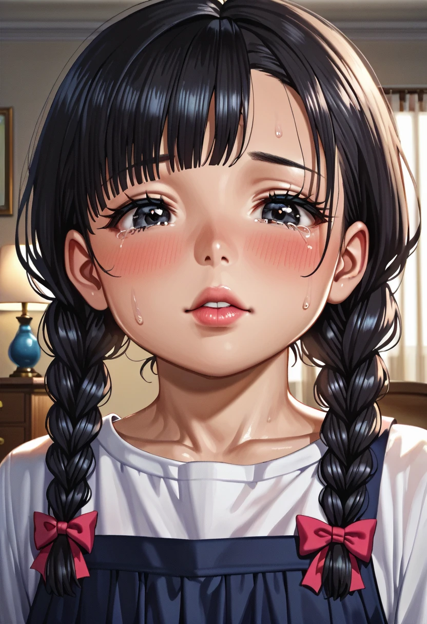 (1girl:1.3), Masterpiece, Best quality, amazing beauty, 4K, absurdres, finely detail, super detailed eye, perfect anatomy, official art, cinematic lighting, BREAK, ((((Bright bedroom)))), Twin braids (shorter), (black hair:1.5), ((super shiny detailed black eye)), cute eyes, full lips, Plump face, (((young face:1.5))), BREAK , A-cup breasts, short stature, chubby, (((**********************:1.5))), ((Young body)), Are standing, BREAK , , BREAK,()