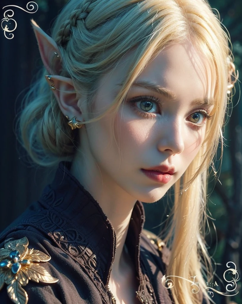 ((highest possible quality)), 8K, masterpiece art, diffuse lighting intricate,((beautiful woman)),(Portrait photograph:1.5), half-elf, pointy ears, Zelda style art, young girl, digital photography, Openwork design, (gold eyes:1.3), short hair,hair reaching shoulders,blonde hairs, big boobs, By bangs,(Red eyeigchest, accessories,Redlip,(She frowned,Sneer)detailed hair, By bangs , (bushes:0.8), (glowing:0,5), ribbon, (medieval style clothes), in an enchanted forest, cute girl, cute face, ish