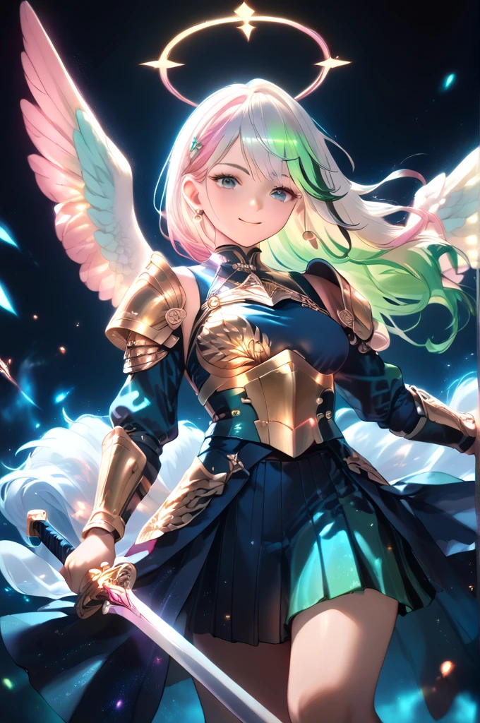  One Woman 　knight　Multicolored Hair　Black Hair　Blonde　 Silver Hair　 pink hair　 green hair　Wings of Heaven and Earth 　Halo　Glowing armor framed in neon colors　7 color armor 　Shining Holy Sword　 hold the sword　 gentle smile 　 see here　Highly saturated images　 Long Shot 　 audience room