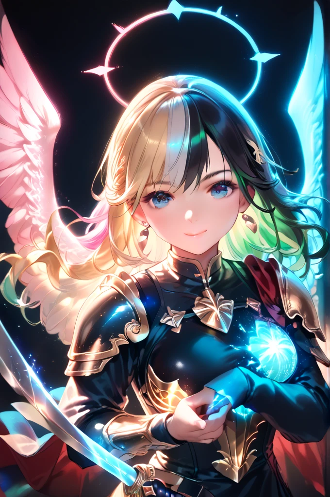  One Woman 　knight　Multicolored Hair　Black Hair　Blonde　 Silver Hair　 pink hair　 green hair　Wings of Heaven and Earth 　Halo　Glowing armor framed in neon colors　7 color armor 　Shining Holy Sword　 hold the sword　 gentle smile 　 see here　Highly saturated images　 Long Shot 　 audience room