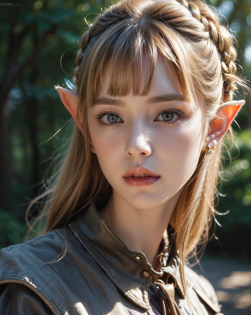 ((highest possible quality)), 8K, masterpiece art, diffuse lighting intricate,((beautiful woman)),(Portrait photograph:1.5), half-elf, pointy ears, Zelda style art, young girl, digital photography, Openwork design, (gold eyes:1.3), short hair,hair reaching shoulders,blonde hairs, big boobs, By bangs,(Red eyeigchest, accessories,Redlip,(She frowned,Sneer)detailed hair, By bangs , (bushes:0.8), (glowing:0,5), ribbon, (medieval style clothes), in an enchanted forest, cute girl, cute face, ish