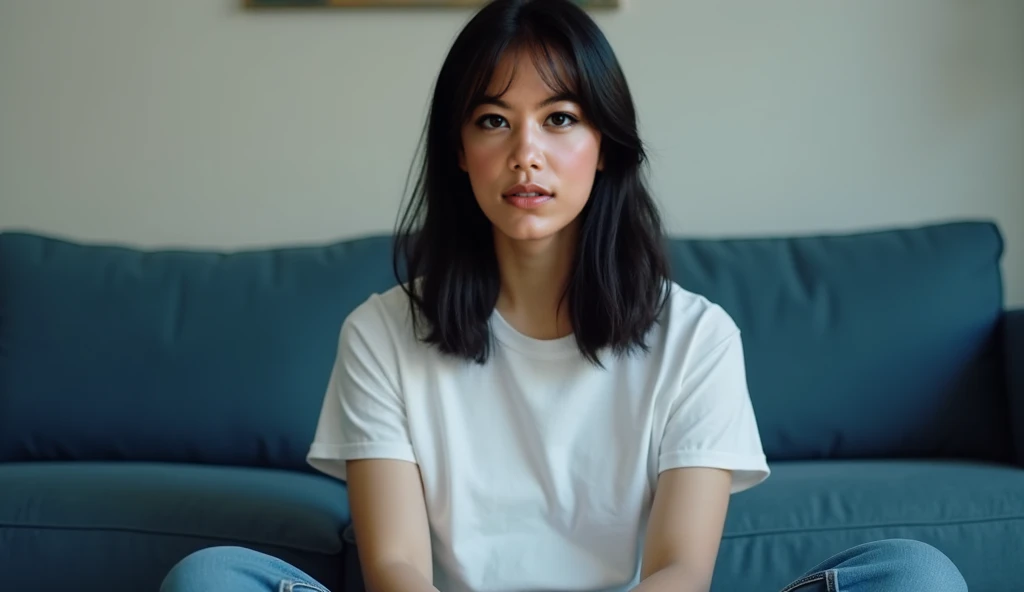 A young Brazilian woman in her 20s with medium, dark straight hair,Caucasian skin, gorda,stark,wearing black twill pants and a t-shirt. She is sitting in front of several papers and Jesus is sitting next to her..
