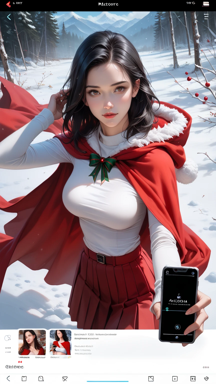 score_9,score_8_up,score_7_up,high res image,masterpiece,best quality,realistic,1girl,santa_costume,white_shirt,(red cape:1.2),(red skirt:1.2),snow,(upper_body:1.2),(dynamic_angle:1.3),(medium breasts:1.3),(phone_screen:1.4),,(black hair:1.3),