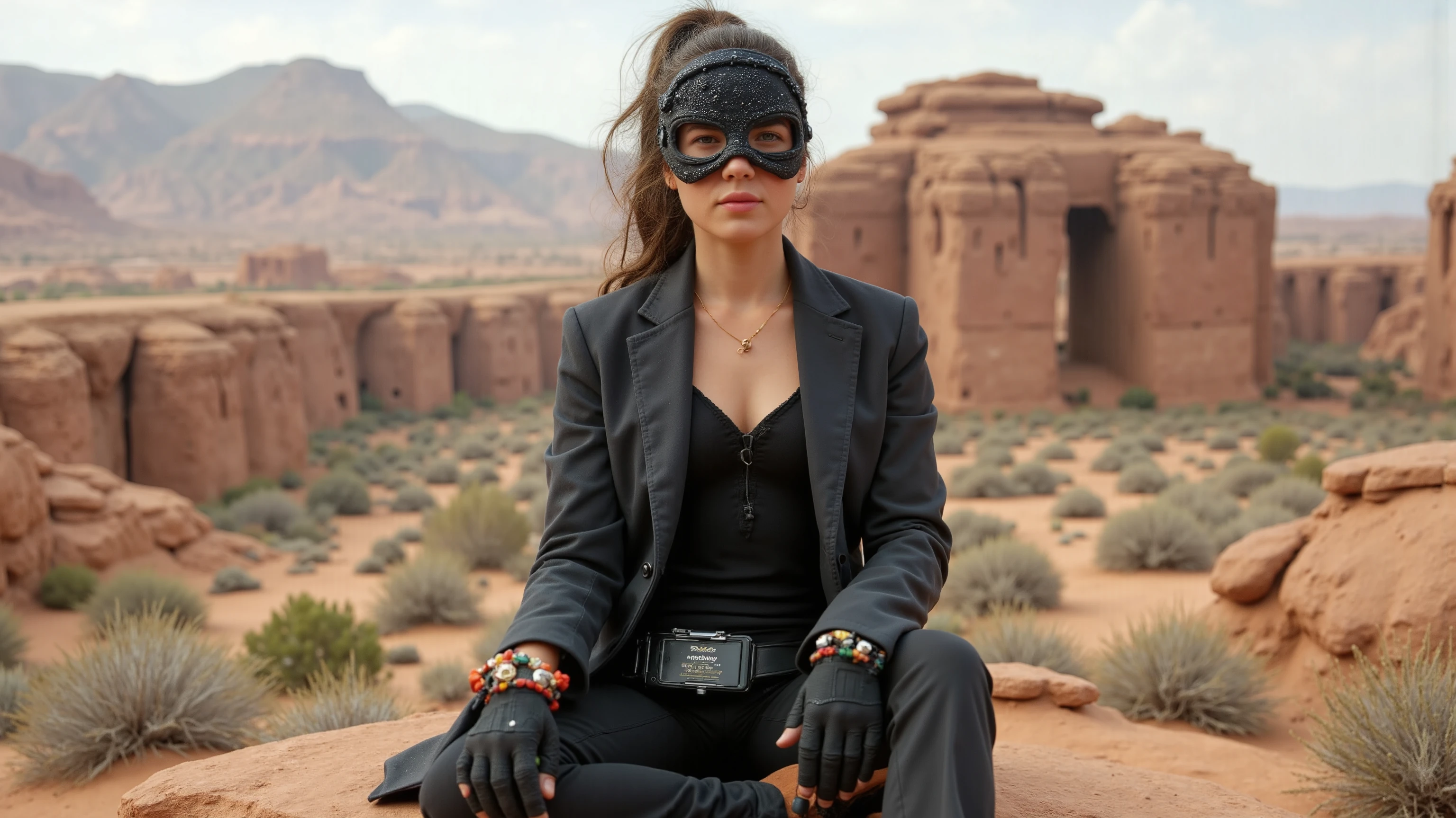 A charismatic woman [Gunner: Bounty Hunter: 0.4] standing in the middle of a sci-fi wilderness (cube style: 1) Full body, mask, panorama, landscape, ultra detailed skin with skin pores, perfect hands, well defined muscles, highly detailed body, highly detailed hands, highly detailed eyes, highly detailed mouth. ray tracing, UHD, 16k, DSLR, masterpiece, photorealistic, award-winning