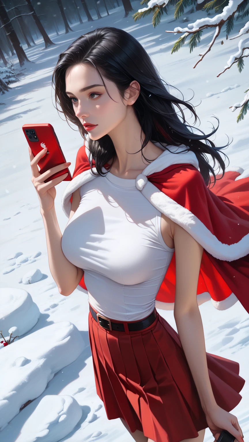 score_9,score_8_up,score_7_up,high res image,masterpiece,best quality,realistic,1girl,santa_costume,white_shirt,(red cape:1.2),(red skirt:1.2),snow,(upper_body:1.2),(dynamic_angle:1.3),(medium breasts:1.3),(out of the phone:1.5),(black hair:1.3),