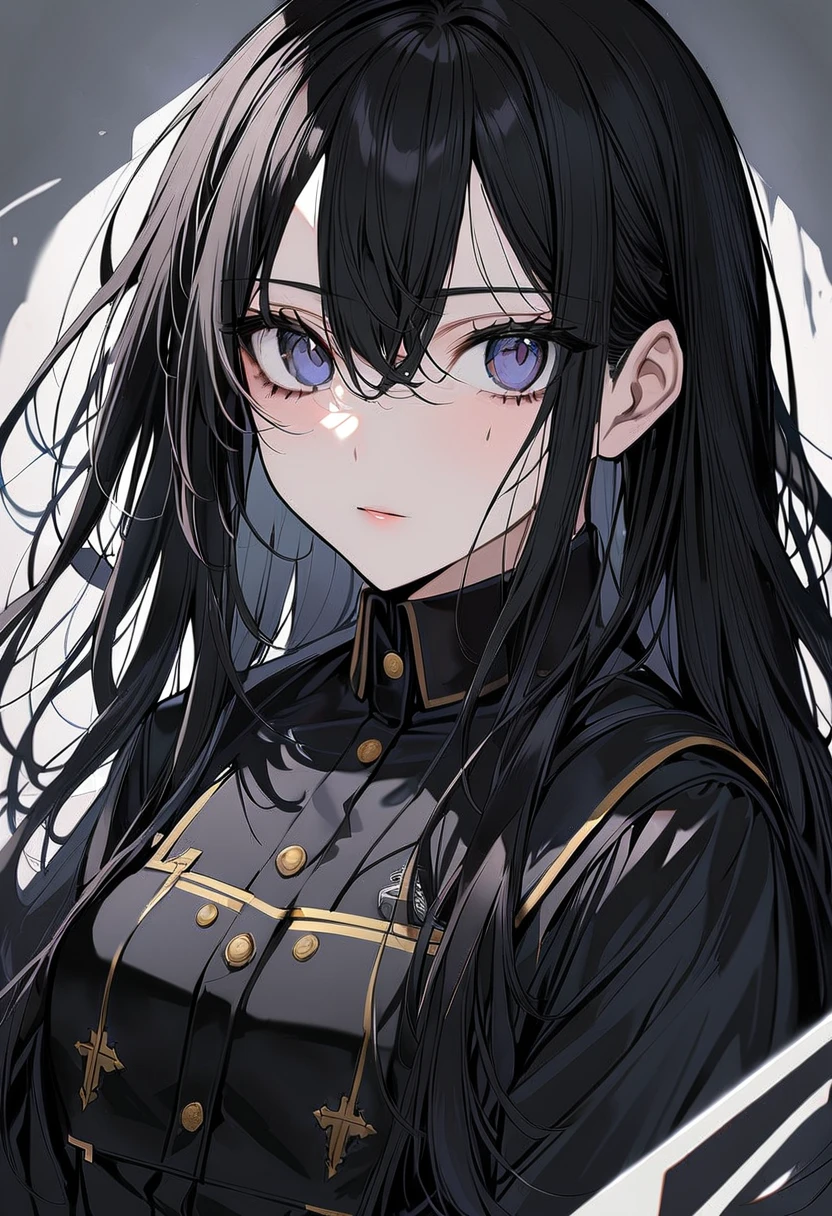 1 girl, black hair, hair between eyes, moles under the eyes, high detail, beautiful, long hair, ((black uniform)), academic cloth, (((uniform))), girlie academy uniform