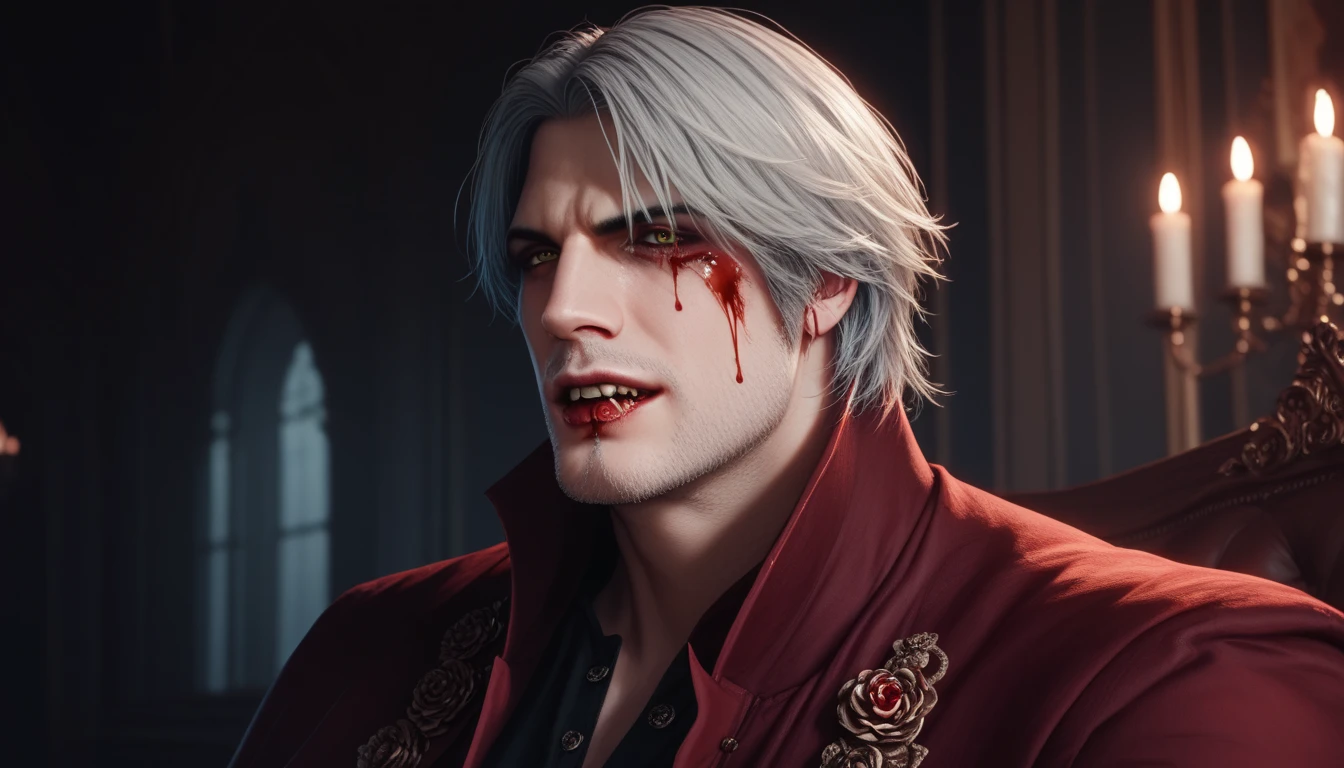  Dante Sparda from DMC, male, brutal, masterpiece fails, Dark tones, blood god ,  Victorian style, Vampire, Vampireская магия крови, bloody pentagrams 