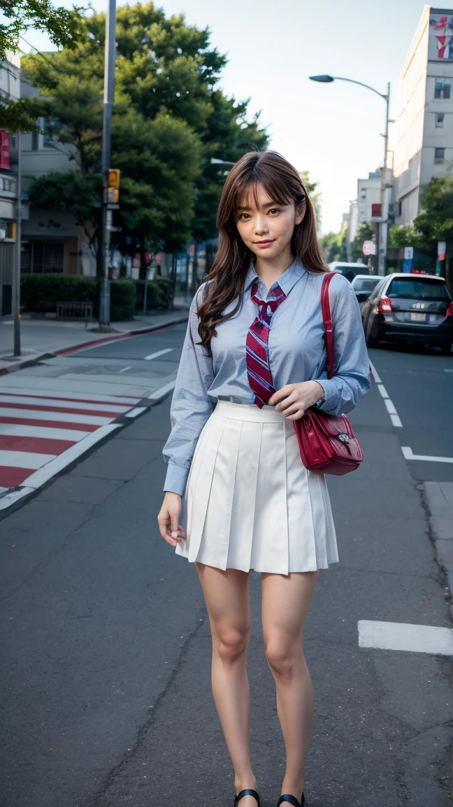 a beautiful 18 year old Japanese high school girl with perfect anatomy, healthy thighs, beautiful legs, beautiful skin, random hair color and style, large breasts, (wearing a Japanese schoolgirl uniform:1.3), (she is standing:1.2), penny loafers, holding a student bag, full body shot, standing on a city street, (best quality,4k,8k,highres,masterpiece:1.3),(extremely detailed:1.2), photorealistic, ultra-detailed, vivid colors, studio lighting, professional, Kana Kurashina