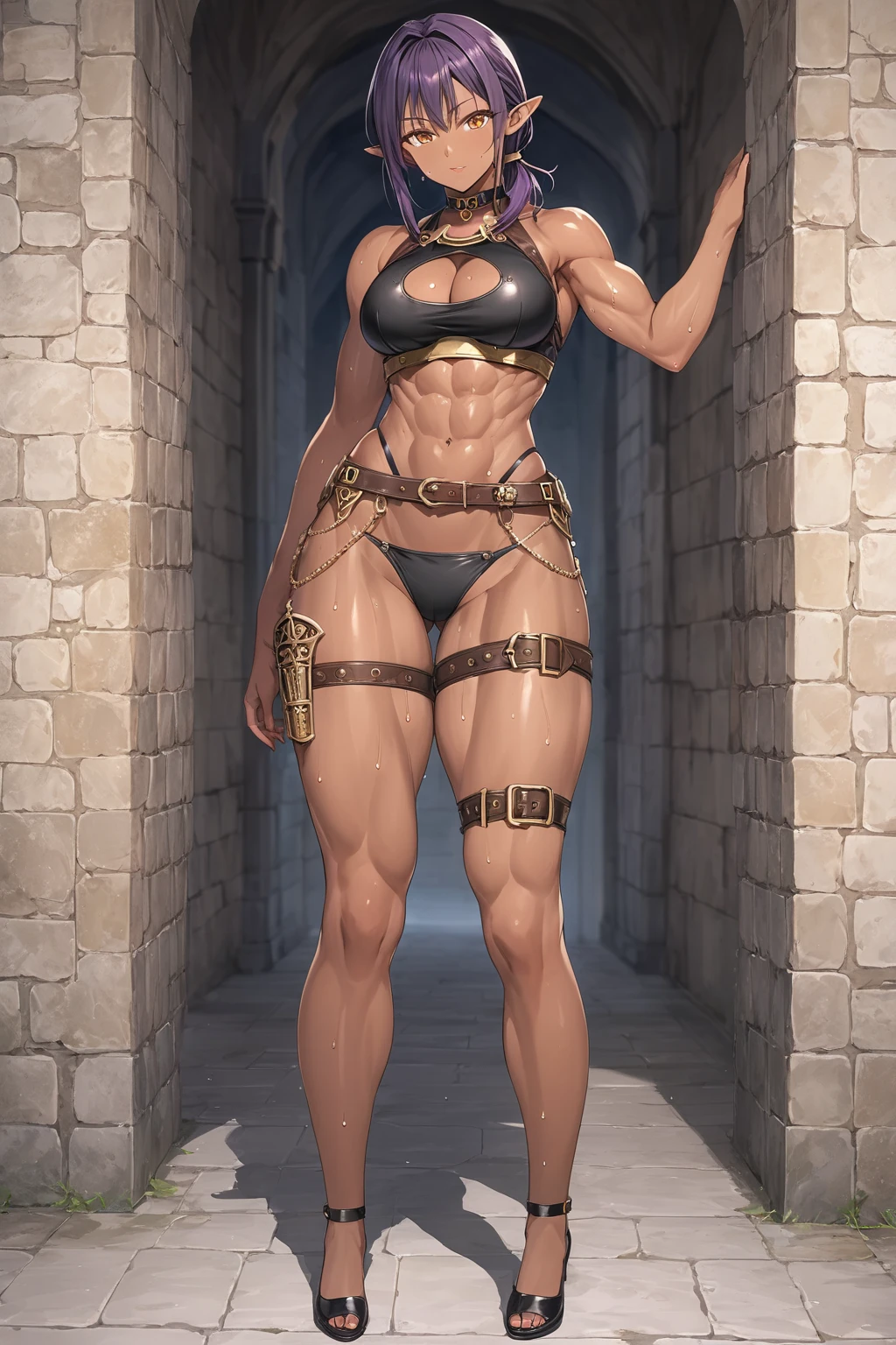 Best quality, artwork, ((long dark brown hair)), detailed skin texture, detailed cloth texture, detailed face, super detailed, 8k, intricate detail, abs, alternate body type, alternate breast size, bare arms, bare midriff, bare thighs, belly button, big breasts, bikini top, blue eyes, bottomless,  bearing hips, choker, cleavage, collarbone, exposed pussy, female, female only, fingerless gloves, freckles, front view, innie pussy, light skin, light-skinned female, long hair, nudity, pussy, iron shoulder armor, skimpy, cleaving skimpy clothes, solo, thick lips, thick thighs, toned, toned female, toned stomach, vulva, wide hips, (((cameltoe))), ((tick body)), ((large hips)), (((cleavage))), ((wide pubis)), ((spartan red skirt)), (square jaw), (((surrounded by agressive men:1.4))), (((restrained:1.2))), ((((chained))), standing, (((hands tied behind her:1.2))), (((assaulted))), (((strangulated, choked:1.4))), (braid)