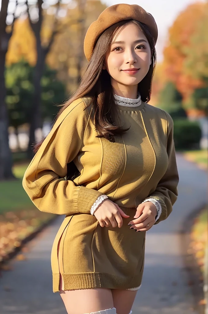 (8k、RAW Photos、Highest quality、masterpiece:1.2)、(Realistic、Realistic)、1 person、((sweater、Long skirt、Medium Hair、garden、garden、Breast enlargement、boots、nice、Thin legs、whole body、View from the front、Looking into the camera、Stand with hands on hips))、cute