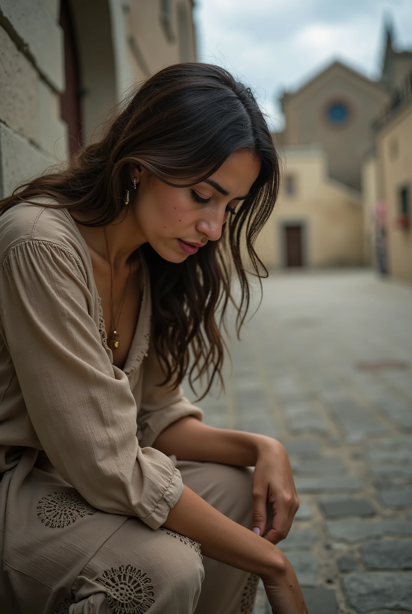 close-up of a sad woman, torn beige dress, leaning down on a tuff wall in Matera. Croaching down. One hand on the ground.Photorealistic image. cathedral in blurred background.