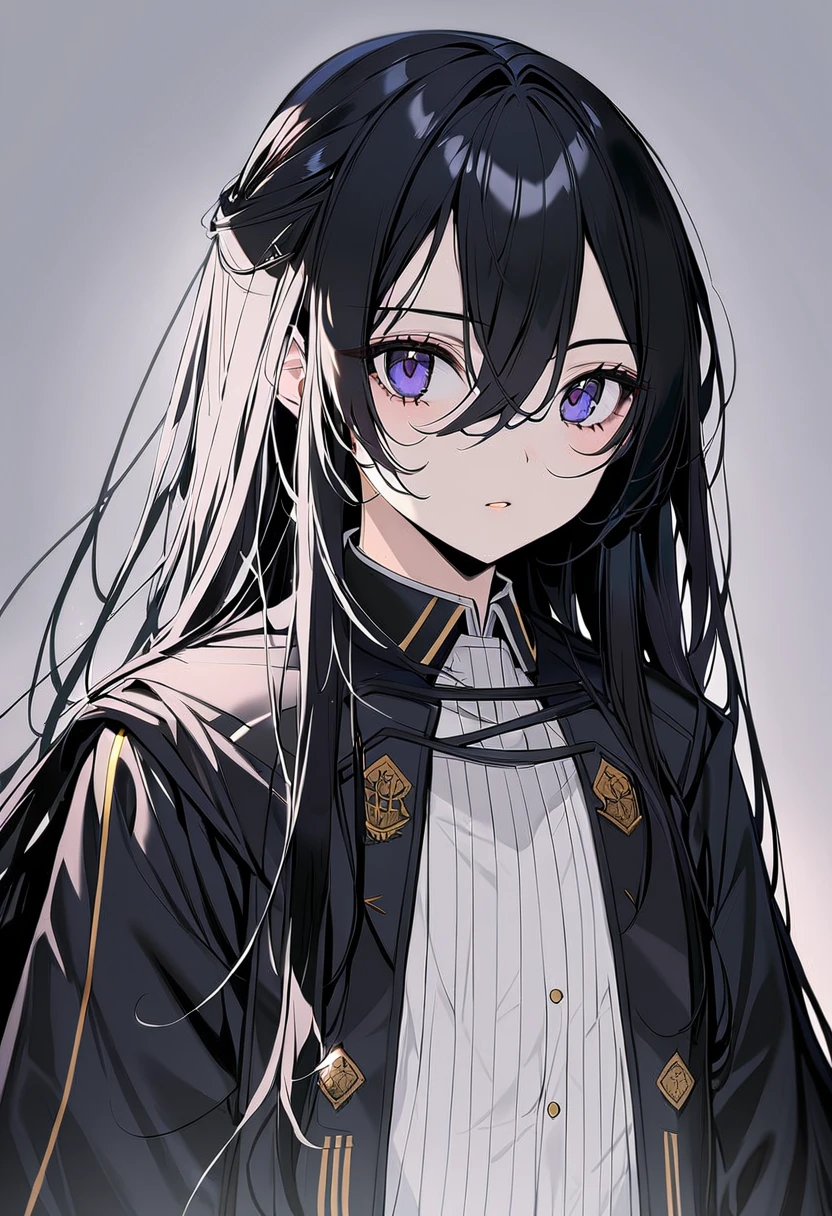 1 girl, black hair, hair between eyes, moles under the eyes, high detail, beautiful, long hair, ((black uniform)), academic cloth, (((uniform))), girlie academy uniform