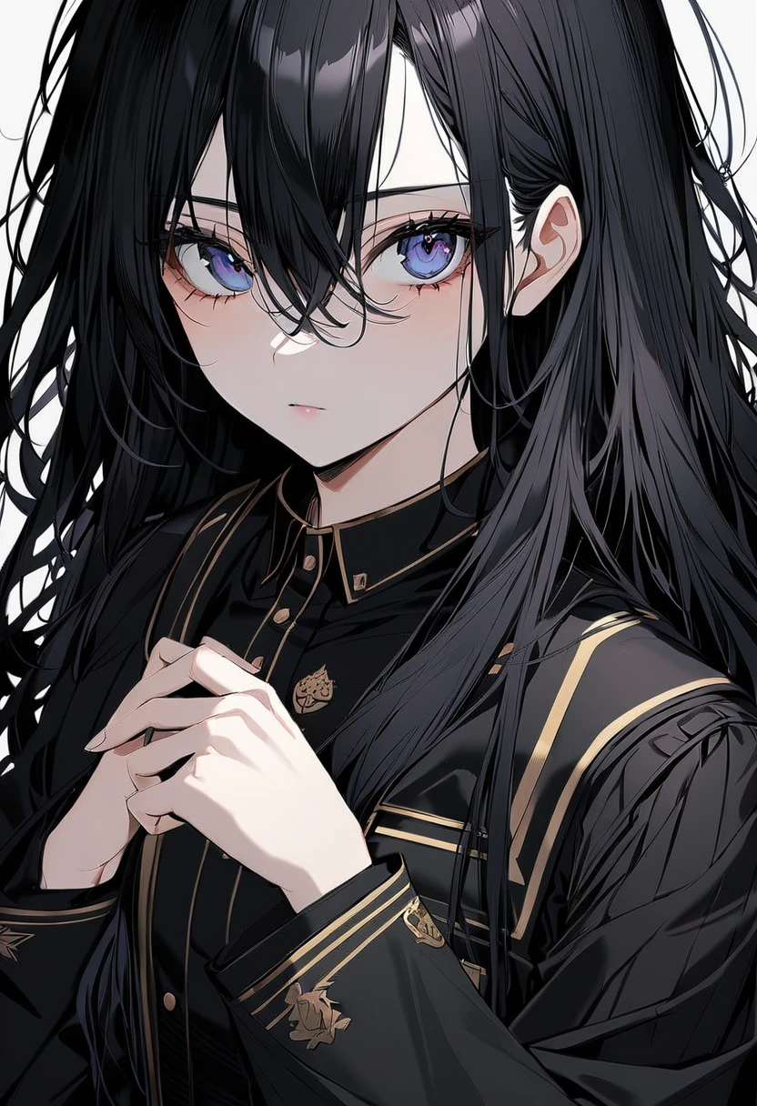 1 girl, black hair, hair between eyes, moles under the eyes, high detail, beautiful, long hair, ((black uniform)), academic cloth, (((uniform))), girlie academy uniform