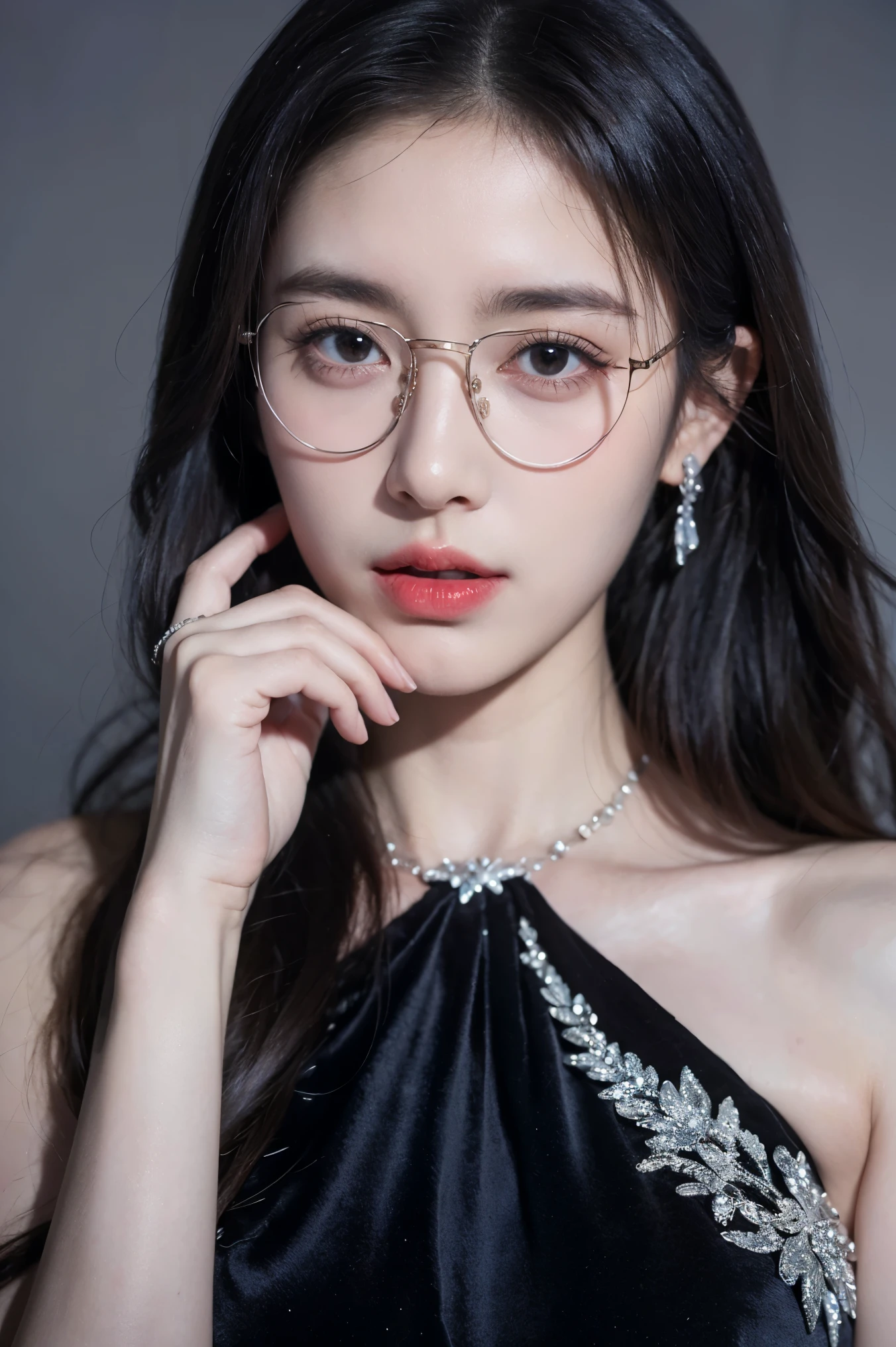 Top CG, Highest image quality, masterpiece, Gentle and beautiful girl, (185cm美女), (fit), Imperial sister, Queen temperament, White skin, ((Long legs)), perfect facial features, Bright Eyes, Seductive pose, Red lips, Beautiful and cold (A major breakthrough)), Beautiful and heroic, Soft and long hair, Glittering, Lace, net, Visible through clear skin, wear glasses, diamond earrings, ruby neckLace, (Purple dress), 8K Image Quality, (Realistic Portraits), Characters fill the screen, (Facial lighting), ((eternal)