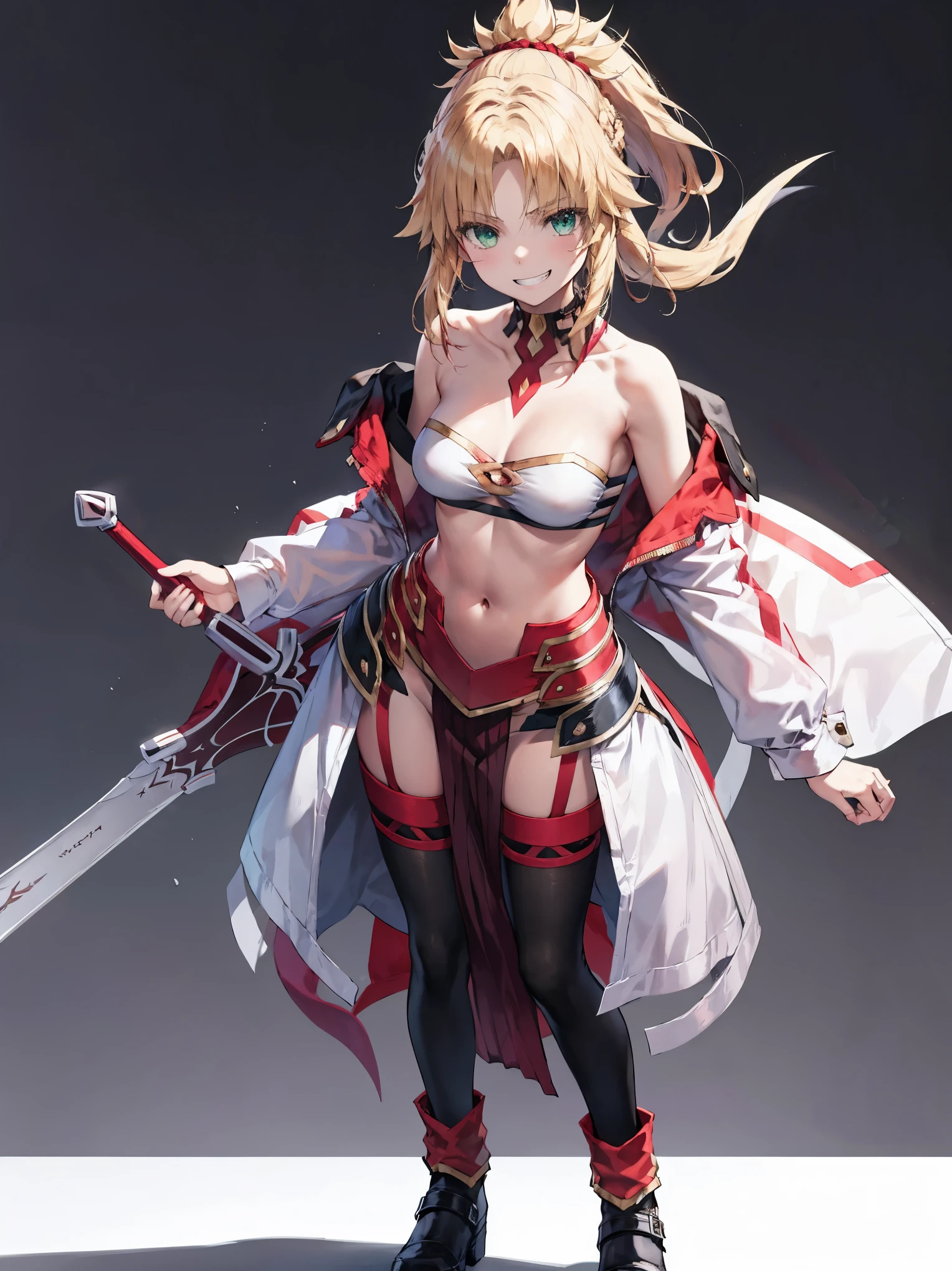 best quality, integrated scenery, integrated background, extremely delicate and beautiful, meticulous details, good composition, cute face, perfect face, perfect hands ,Masterpiece, Best Quality, illustration, city street, 1girl, Mordred \(fate\), collarbone, Detailed blond hair ponytail braid, green eyes,, White tubetop ,pelvic_curtain,navel,thigh-high,grin,(covered_nipples:0.6),skiny,big_smile,solo,boots,thigh-highs,groin,1long_sword,grab_the_loog_sword_hilt,standing, carry_the_long_sword_on_girl_shoulder