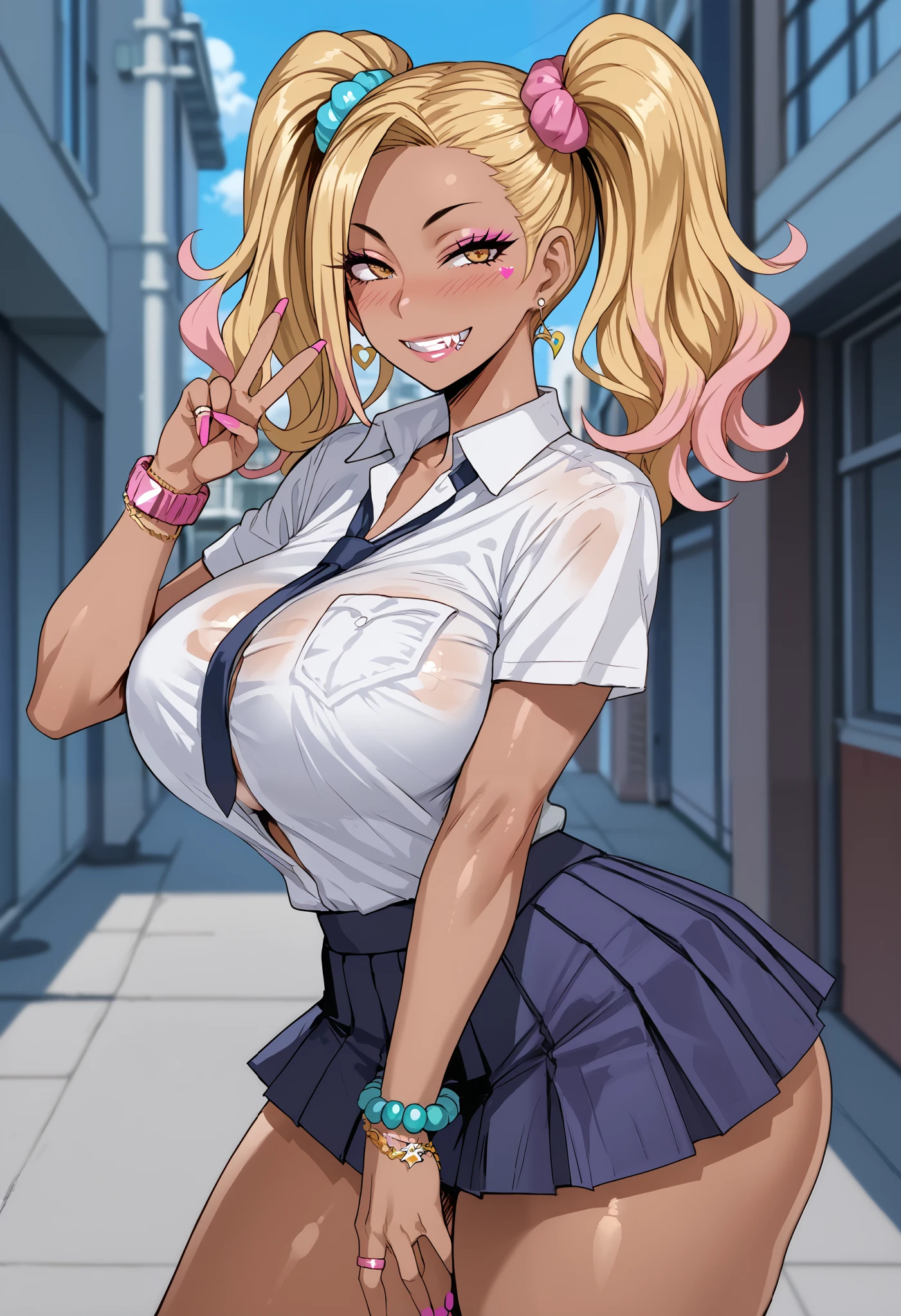 anime girl, newest, highres, absurdres, highly detailed, best quality,
((sexy girl, gyaru)), bimbo, nsfw, lewd, cute, ero, ecchi, suggestive, 
big butts, thick thighs, huge tits, grin, fang, single V,
glamorous, blushing, flushed face, yellow eyes, two side up blonde hair, tan lines, 
gyaru clothes, white shirt, street style, pleated skirt,
Score_9,Score_8,score_7_up,source_anime, rating_questionable,