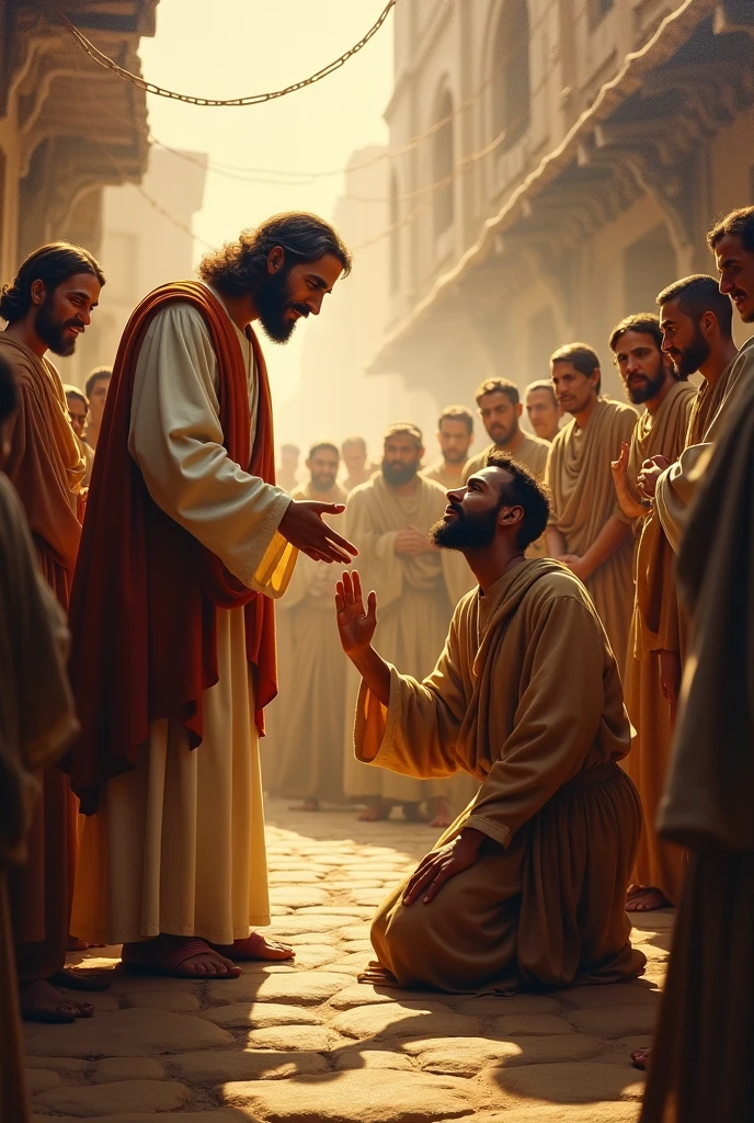Black Jesus healing the leper on the streets of Jerusalem