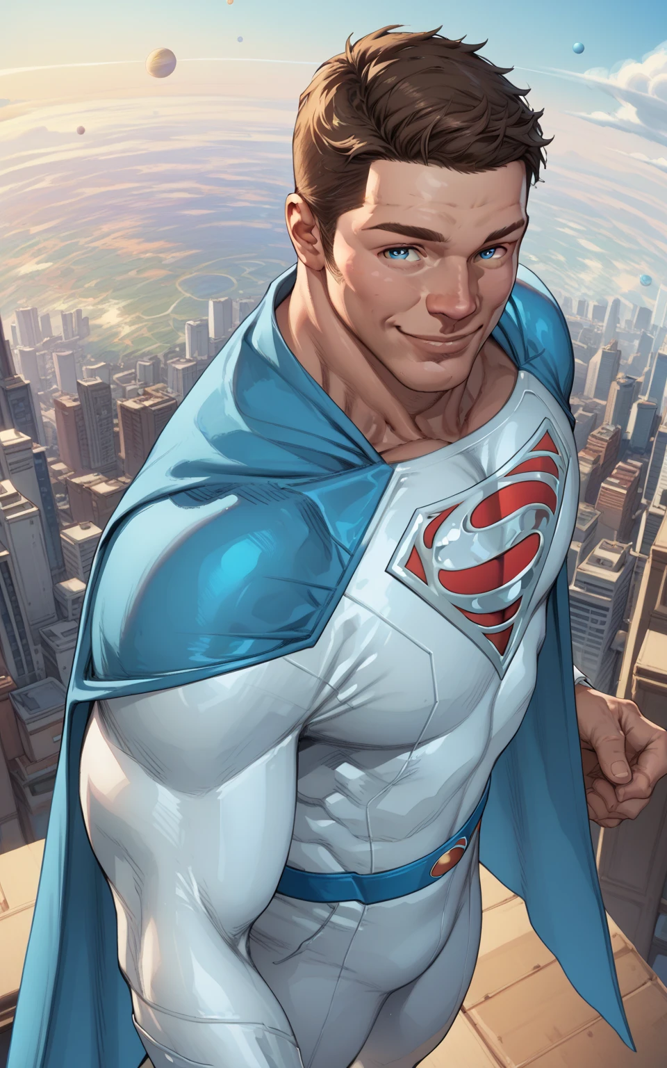 score_9, score_8_above, score_7_above, score_6_above, a superhero, alone, brown hair, short hair, blue eyes, male focus, mature man, muscular, white jumpsuit, blue swimsuit, cape, blue cape, planet symbol, planet jumpsuit beautiful sky beautiful city, smiling