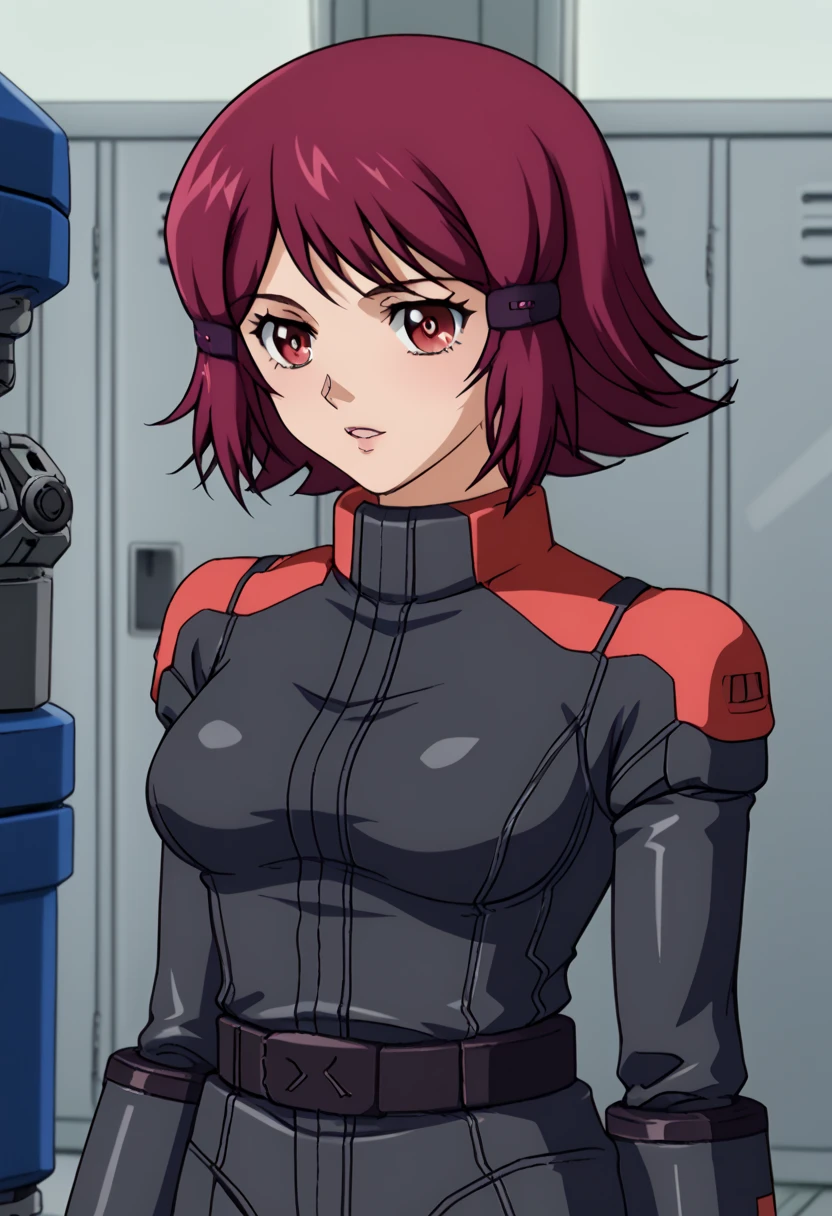 Z Gundam pilot suit, ( Black pilot suit for piloting a machine:1.5) 、,score_9、 score_8_  up、 score_7_  up、  Destroys Top Quality 、 Refined details 、  Source Anime  、  1 girl、、Alone、half, Ellen Rossiff,  red eyes,  Shorthair, Purple Hair,、、Clear Eyes、Bright pupils、 beautiful eyes、 Big, Bushy Breasts 、、 Locker room 、