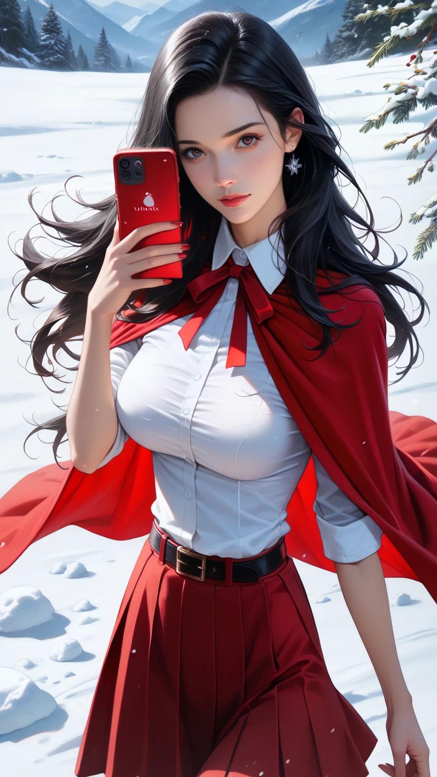 score_9,score_8_up,score_7_up,high res image,masterpiece,best quality,realistic,1girl,santa_costume,white_shirt,(red cape:1.2),(red skirt:1.2),snow,(upper_body:1.2),(dynamic_angle:1.3),(medium breasts:1.3),(out of the phone:1.5),(black hair:1.3),