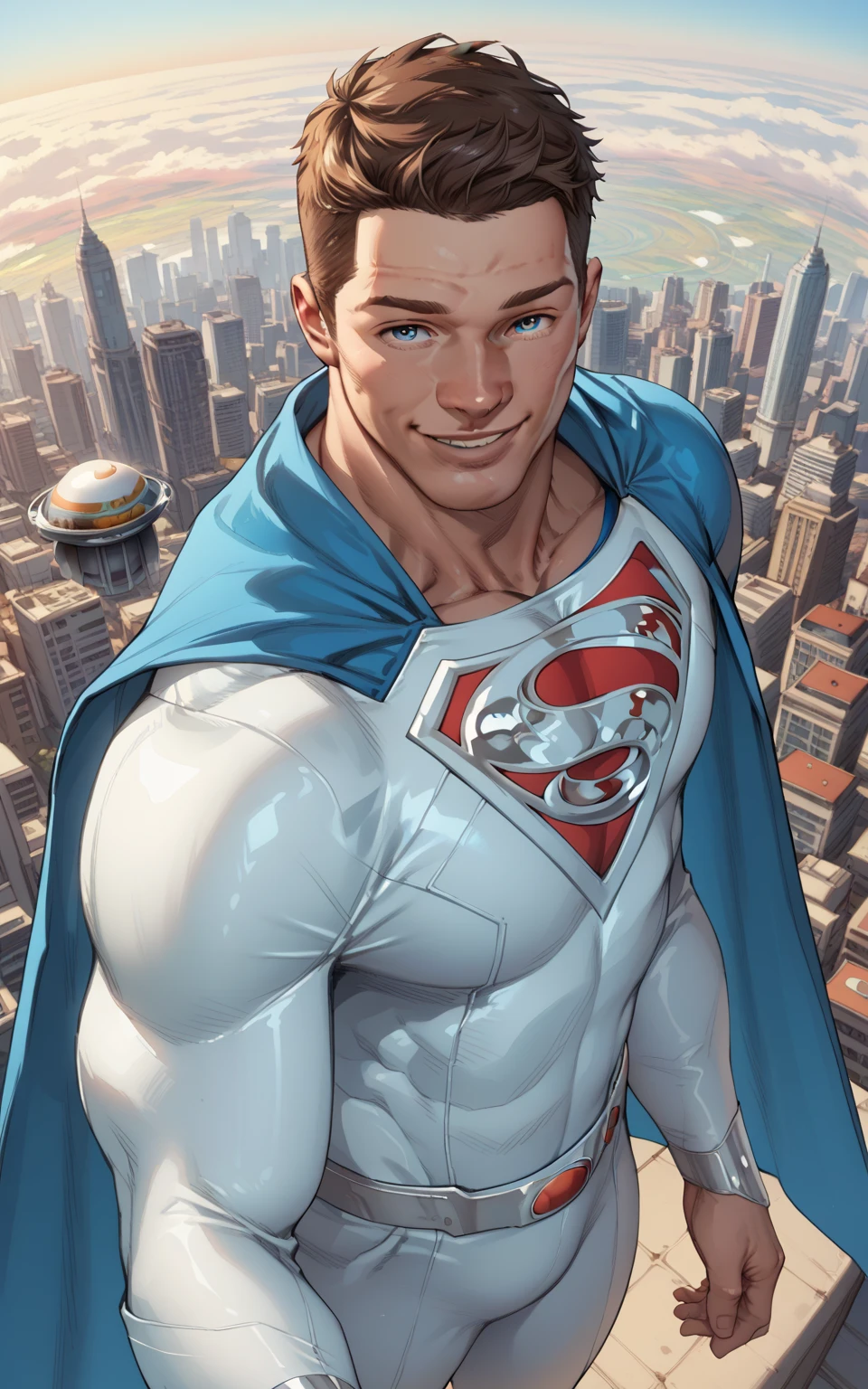 score_9, score_8_above, score_7_above, score_6_above, a superhero, alone, brown hair, short hair, blue eyes, male focus, mature man, muscular, white jumpsuit, blue swimsuit, cape, blue cape, planet symbol, planet jumpsuit beautiful sky beautiful city, smiling zPDXL2