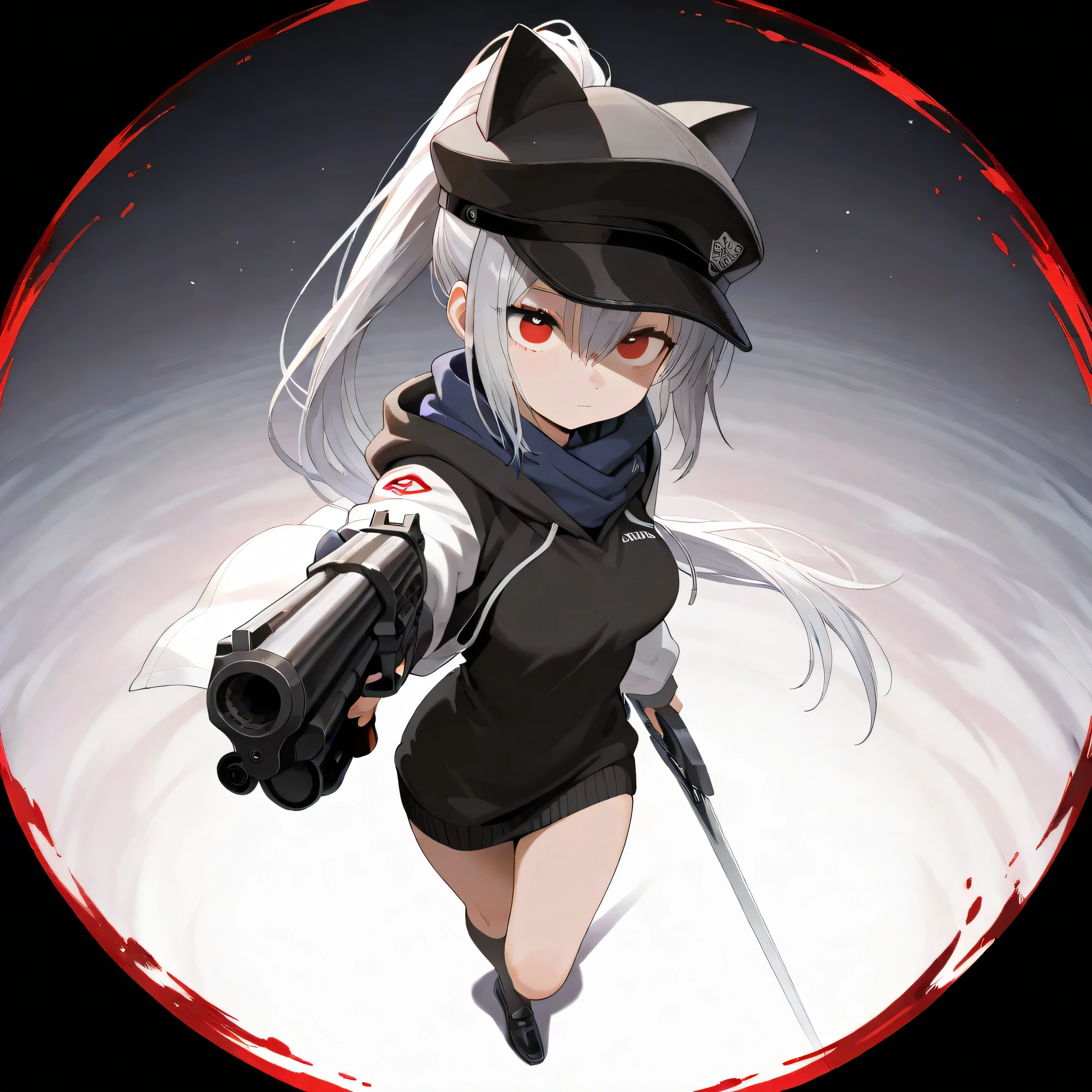 NSFW,1girl,Fox Girl,Slit eyes,Silver Hair,Red eyes,long trimmed hair,high school girl,Police uniform,Mobile Task Force Equipment,Wicked Smile,full Art,skirt lift,BLACK pantie,Pointing a Gun,Handgun,Crotch crack