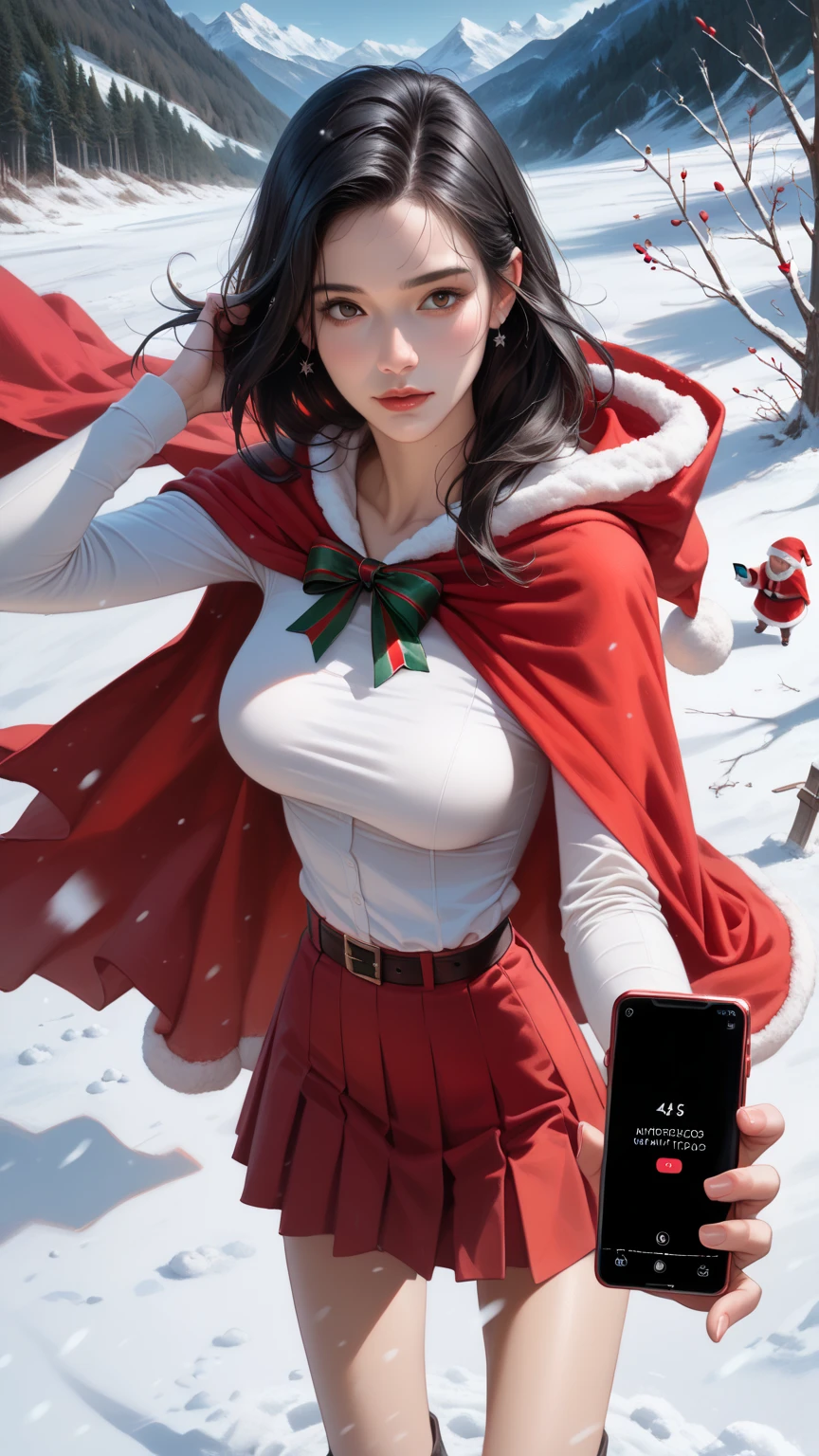 score_9,score_8_up,score_7_up,high res image,masterpiece,best quality,realistic,1girl,santa_costume,white_shirt,(red cape:1.2),(red skirt:1.2),snow,(upper_body:1.2),(dynamic_angle:1.3),(medium breasts:1.3),(phone_screen:1.4),,(black hair:1.3),