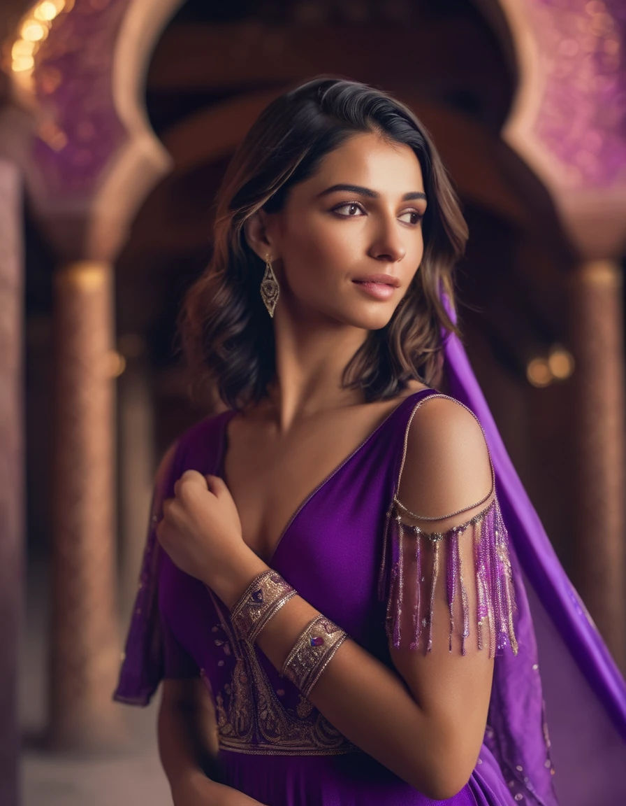 raw portrait photo of nmsctt woman, at a arabian castle, wearing a arabian princess purple dress slit on the left side showing her thigh, bokeh, professional lighting