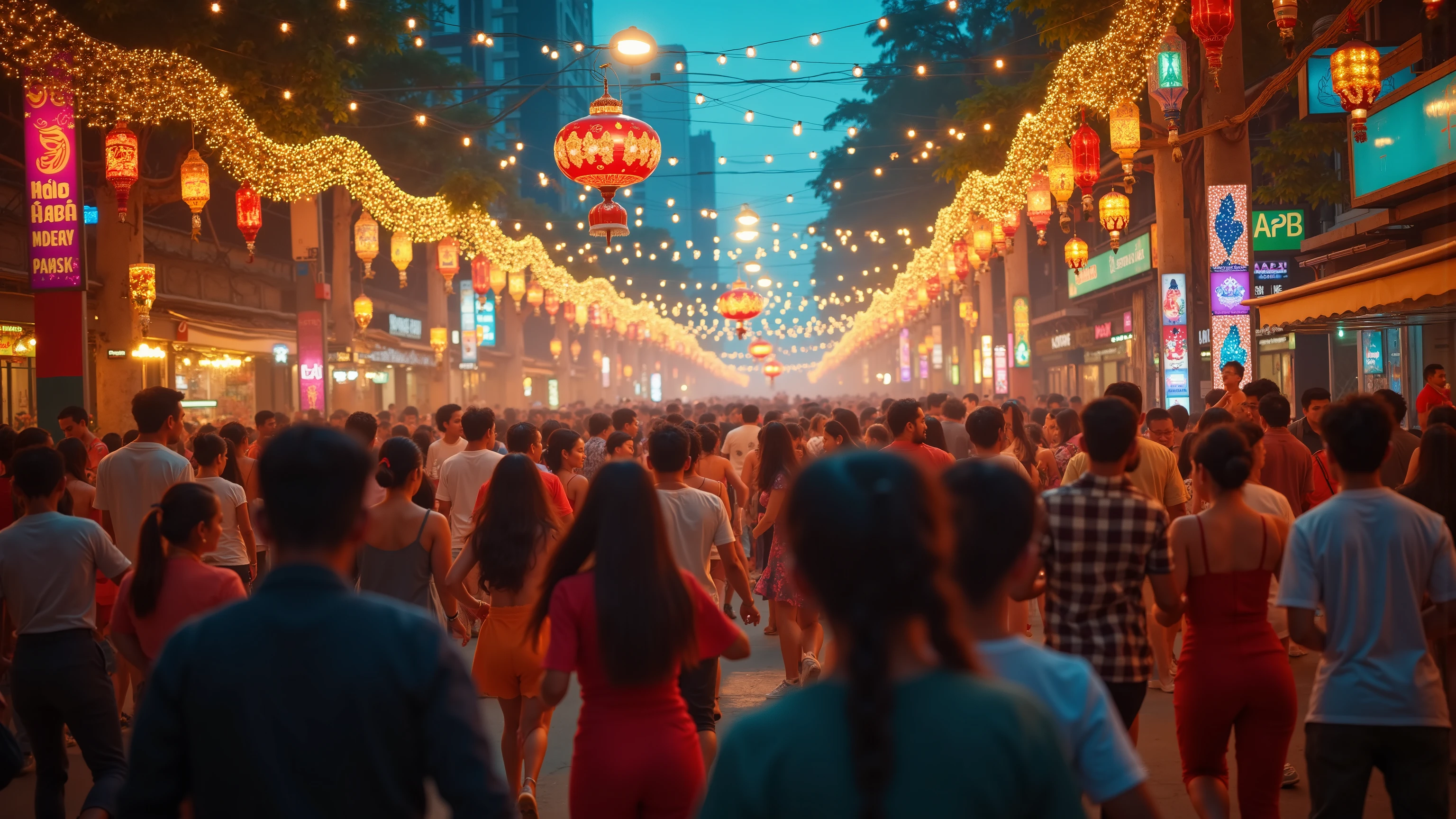 A lively street party in Manila with people dancing, eating, and enjoying Christmas music, surrounded by colorful lights, parols, and banners wishing ‘Maligayang Pasko.’