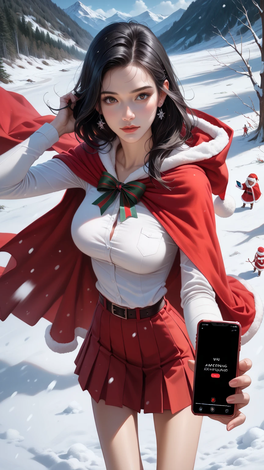 score_9,score_8_up,score_7_up,high res image,masterpiece,best quality,realistic,1girl,santa_costume,white_shirt,(red cape:1.2),(red skirt:1.2),snow,(upper_body:1.2),(dynamic_angle:1.3),(medium breasts:1.3),(phone_screen:1.4),,(black hair:1.3),