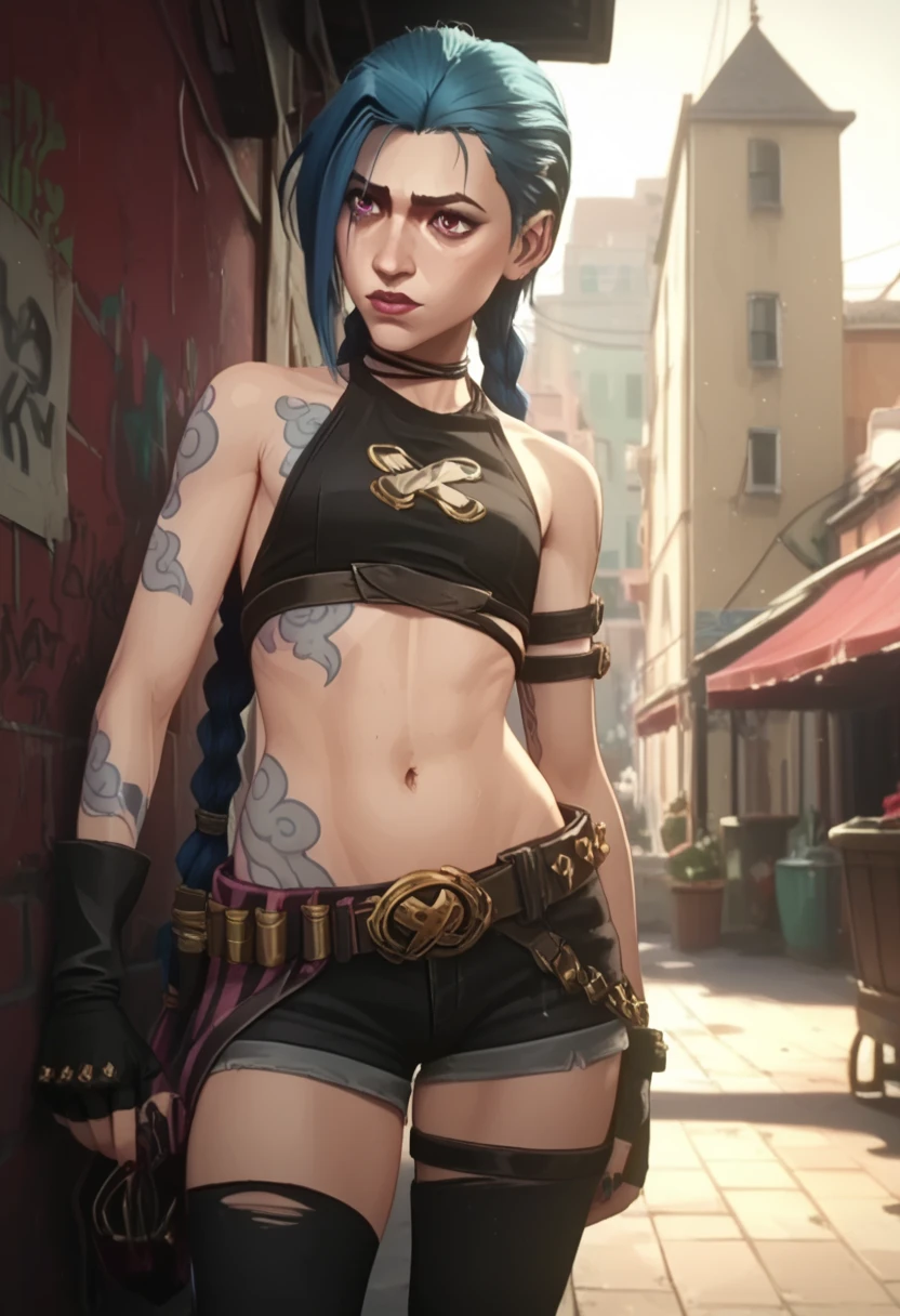 Jinx, by the blue,  very long hair,  twin braids, big pink eyes ,  bright eyes ,  asymmetric bangs, tatuajes,  very thin ,  agile body , tatuajes, narrow abdomen,  flat chest , black micro top , mini short, stupid,  black fingerless gloves,  Ripped black stockings , MEDIUM SHOT,  alley in the city of Zaun (  series arcane ), 