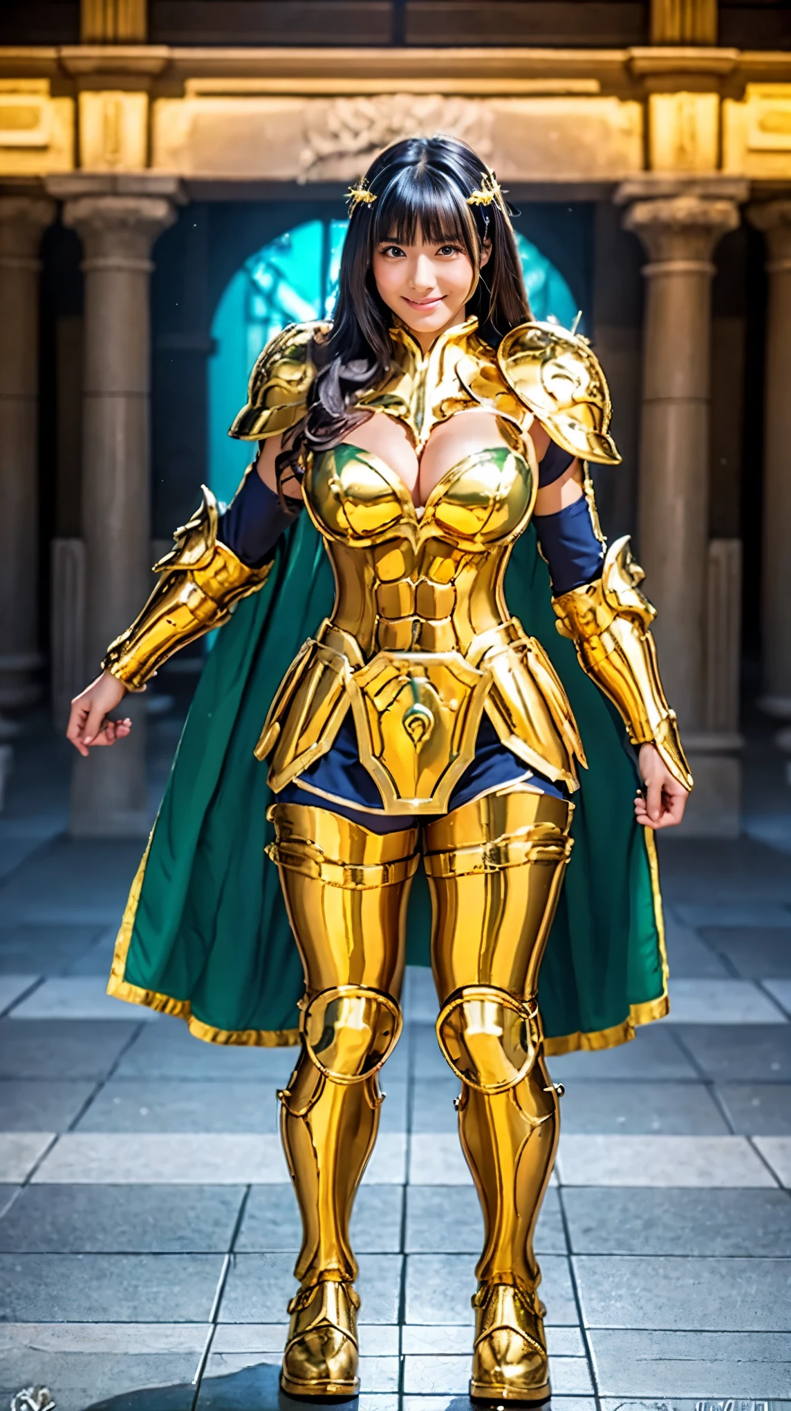 A girl in a fighting pose, standing tall and proud. whole body, feminine details, like a Saint Seiya cosplay girl, top quality, very detailed RAW color photo, sharp focus, 8k high definition, long shiny dark blue hair, (((large breasts, large cleavage))), curvy body, slim waist, (exposed stomach), Ultra-detailed, intricately detailed fantasy art, Stunning character art, Beautiful and enchanting character art, wearing Saint Seiya armor, golden-green armor, golden-green armor, shiny armor, zodiac girl knight with intricate details, golden-green armor with intricate details, wearing golden-green armor. dramatic, tight transparent green underwear under the armor, glowing green eyes, intricate detailed golden-green leg armor, shiny golden-green shoulder armor, reflections on the armor, golden-green helmet, transparent green ribbons, sparkling green armor, tight transparent green vinyl, gentle smile, Very detailed, A girl in shimmering armor, striking a cool pose, a heroic stance, standing tall, with a gentle smile, stunning visuals, (dynamic lines, light trails:1.2), against a backdrop of ancient Greek buildings that are ruined and shattered.