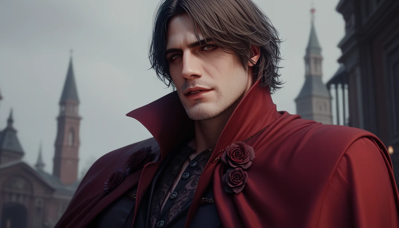  Dante Sparda from DMC, male, brutal, masterpiece fails, Dark tones, Horror style, beautiful Dante , blood god ,  Victorian style, red cloak,  waist-deep  