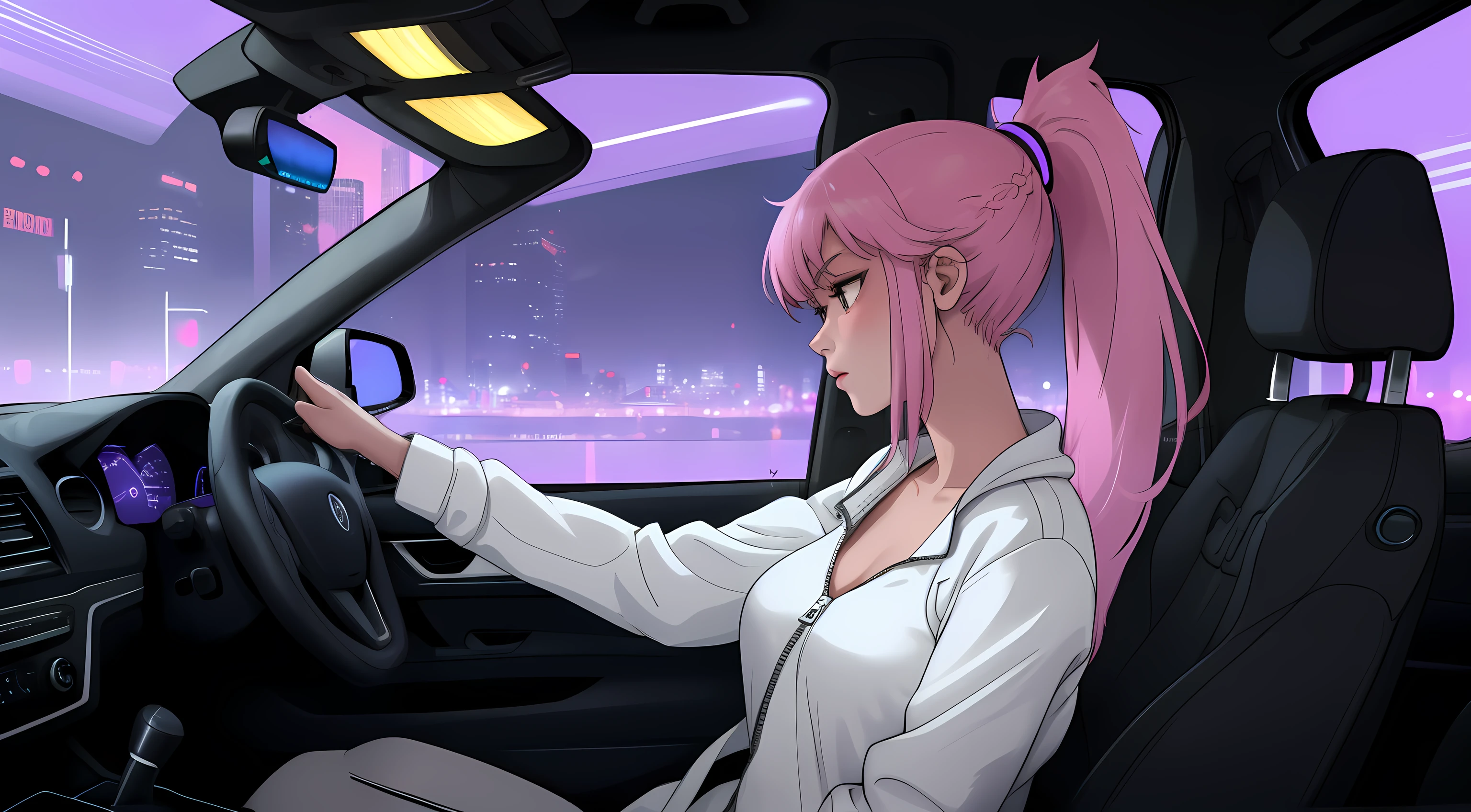 "An anime-style a woman with long purple hair and pink highlights tied in a ponytail, sitting in the driver's seat of a car. The angle is from the front passenger seat, capturing her side profile with a clear view of her face, slightly illuminated by the soft glow of the car’s dashboard lights. Her expression is calm and introspective as she gazes out of the driver's side window into the night. She is wearing a white tank top under a zipper jacket, which is unzipped halfway, subtly revealing her neckline for a casual yet stylish look. The interior of the car features subtle neon purple lighting, reflecting a futuristic and cyberpunk aesthetic. The steering wheel is partially visible, and her hand rests lightly on it. Outside the window, a vibrant urban cityscape is visible, with tall, glowing skyscrapers and scattered streetlights under a clear, starry sky. The atmosphere is quiet and reflective, blending modern technology and emotional depth. She exudes a sense of individuality and calmness, suited for a late-night drive. No cigarettes or smoke are present, maintaining a clean and serene vibe."
