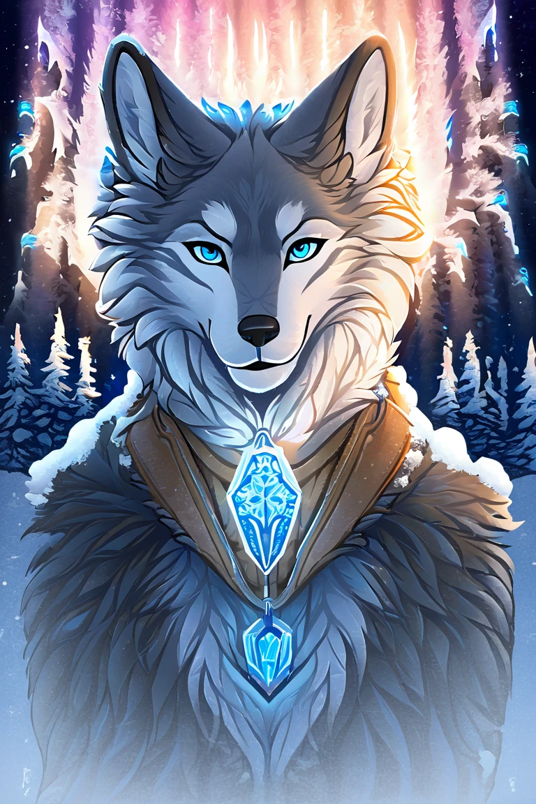 "A tall and confident anthropomorphic wolf character with silver-gray fur and icy blue eyes, standing in a snowy forest under a glowing aurora. The wolf wears a rugged, fantasy-inspired outfit with leather armor, fur-lined boots, and a glowing crystal pendant around their neck. Their ears are perked up, and their bushy tail flows behind them, dusted lightly with snow. They carry a sleek, futuristic bow with neon blue energy lines, blending medieval and sci-fi elements. The background features towering snow-covered trees and shimmering auroras in the night sky. The art style is highly detailed, with glowing and magical effects, Solo, High Resolution, Looking at viewer, Smile, Accurate, 