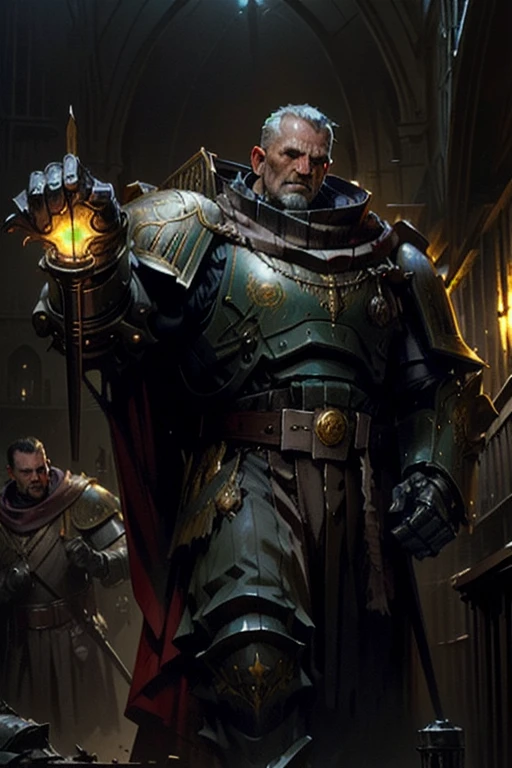 Oil painting. Masterpiece. Middle-aged man with scars on his face, looking solemn in a dark room, short brown hair, old metal medieval armor, brown belt. Fantasy . Dark scarf holding a noble dagger, with aristocratic motifs. The base of the hilt is inlaid with a magical glass ball, glowing a faint green. Dark colors. Top. Dark. Night. No light.by Steve Henderson Fabian Perez Henry Asensio Jeremy Mann Marc Simonetti Fantasy Supernatural horror Atmosphere