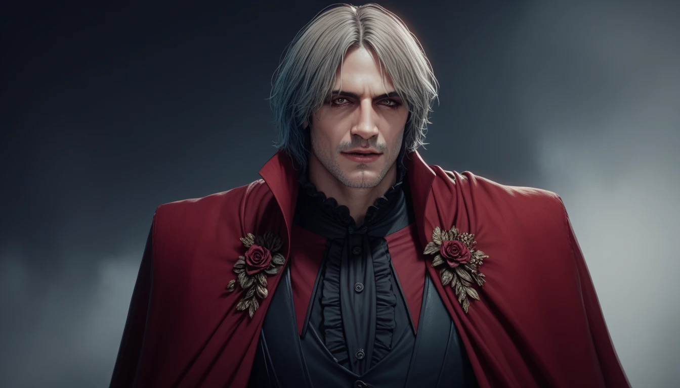  Dante Sparda from DMC, male, brutal, masterpiece fails, Dark tones, Horror style, beautiful Dante , blood god ,  Victorian style, red cloak,  waist-deep , тело показано  waist-deep 